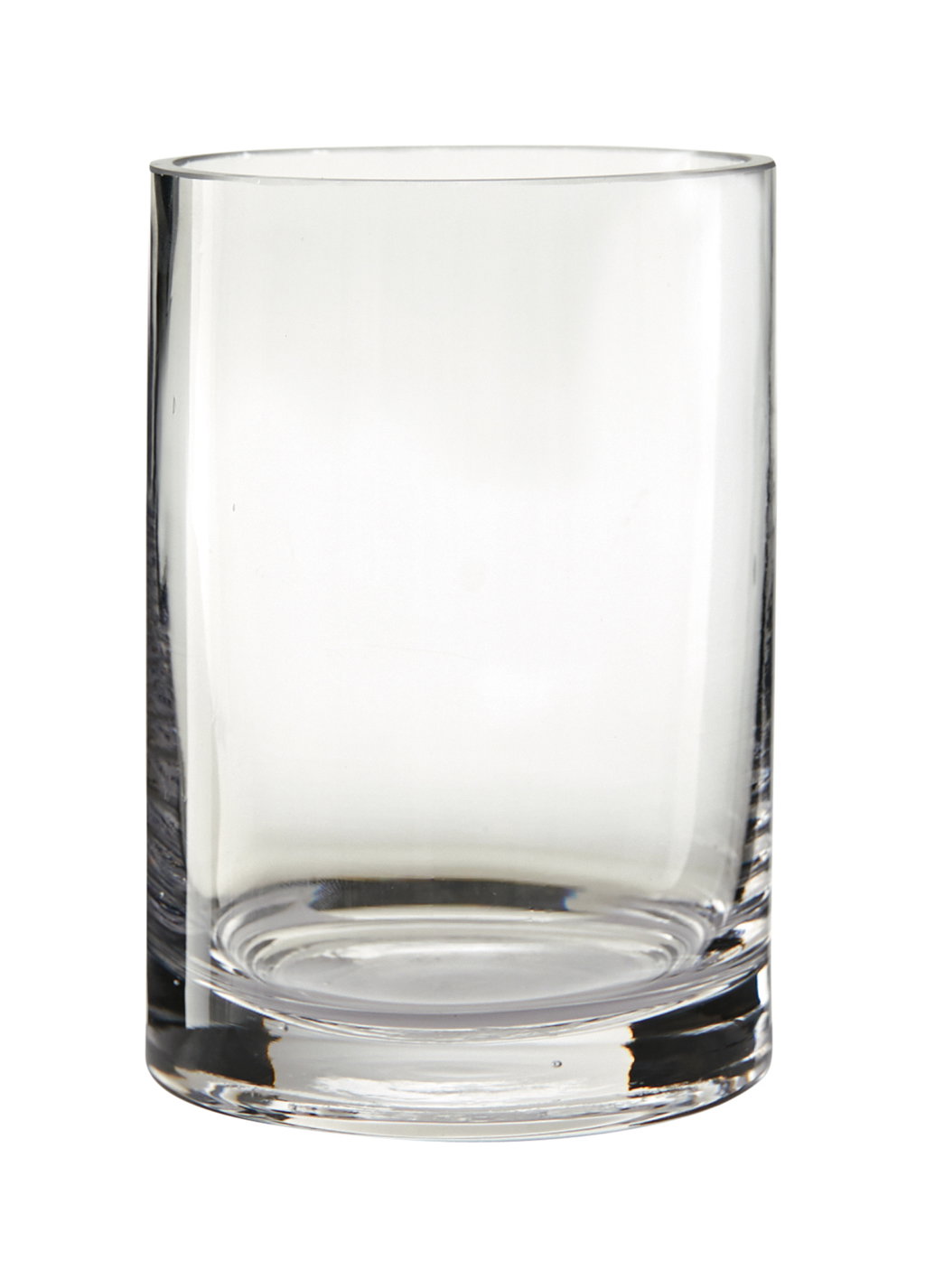 Ein transparenter, zylindrischer Glasbecher ohne Henkel, mit glatter Oberfläche und stabiler Basis.