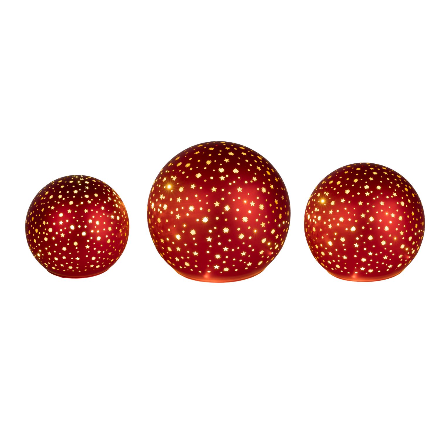 3 rote LED Deko Kugeln STARS Sterne zum hinstellen in verschiedenen Größen auf weißem Hintergrund