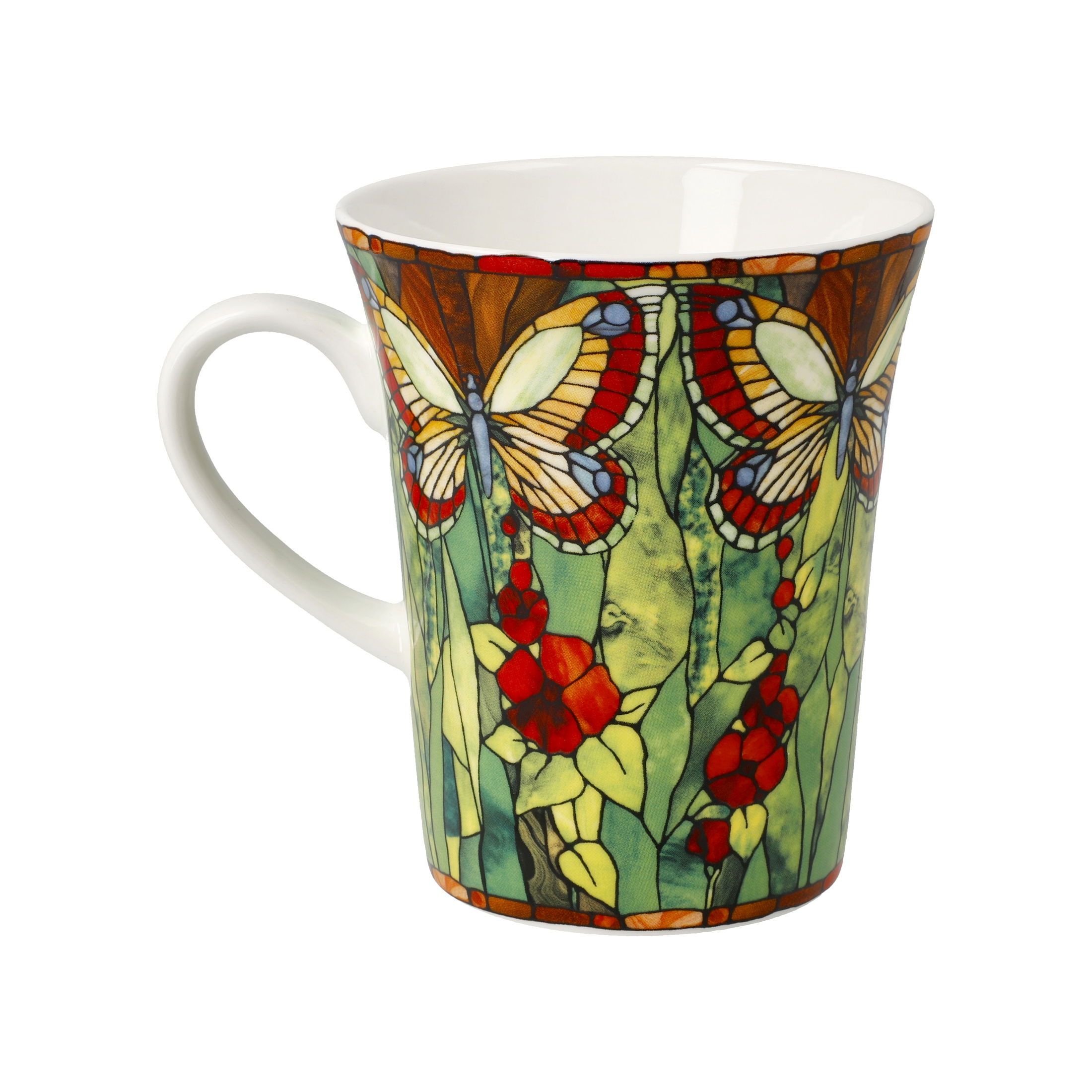 Bunte Tasse mit Schmetterlingen und Blumenmotiven auf grünem Hintergrund, schmaler Henkel, konische Form.