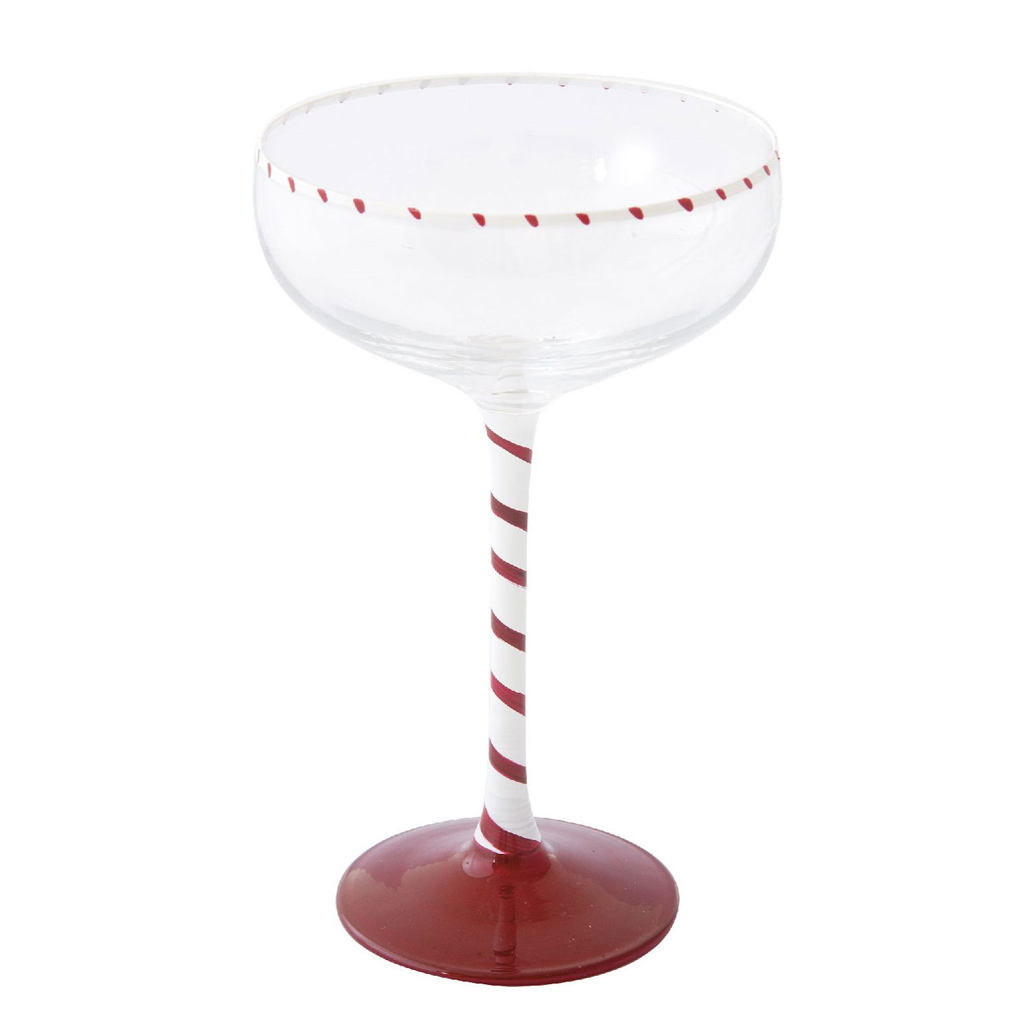 Ein transparenter Cocktailglas mit rot-weißer gestreifter Stielbasis
