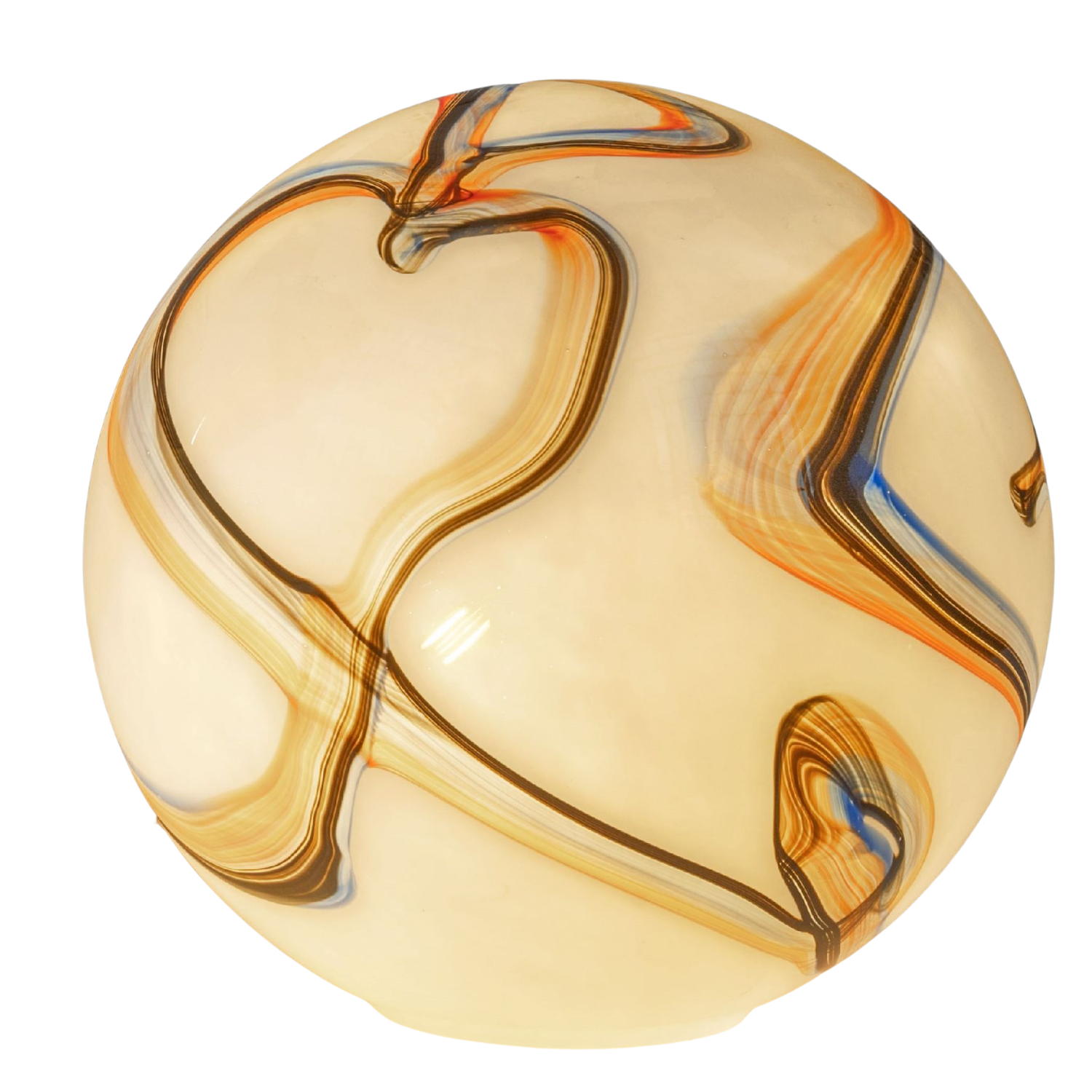 Runde cremefarbene Glaskugel mit geschwungenen braunen, orangen und blauen Adern