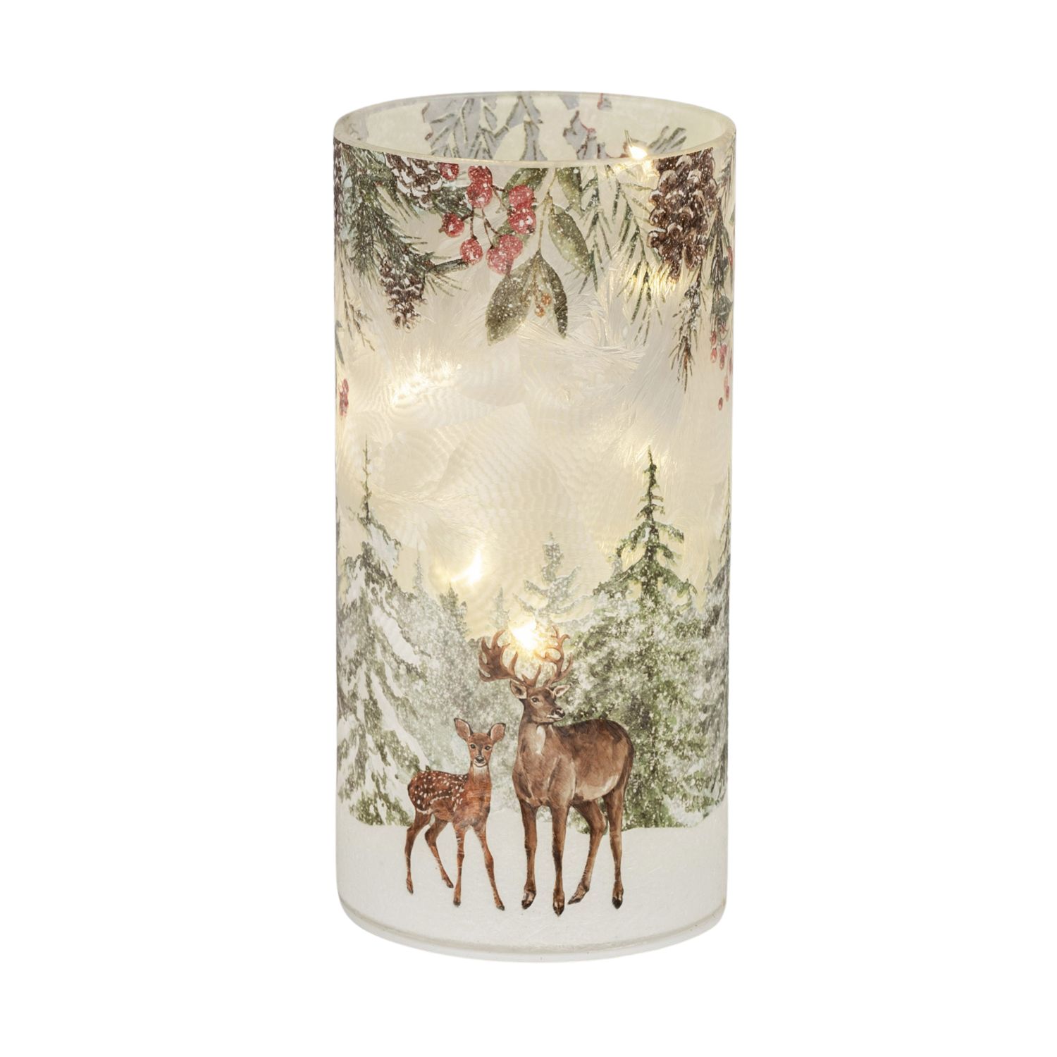 Zylindrische Leuchte mit Wintermotiv: Hirsch und Reh vor verschneitem Wald, oben Zapfen und Beeren