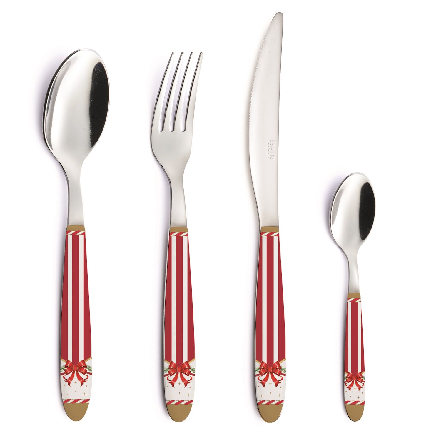 Suppenlöffel, Gabel, Messer und Kaffeelöffel weiß mit roten Streifen und Schleifenmotiv