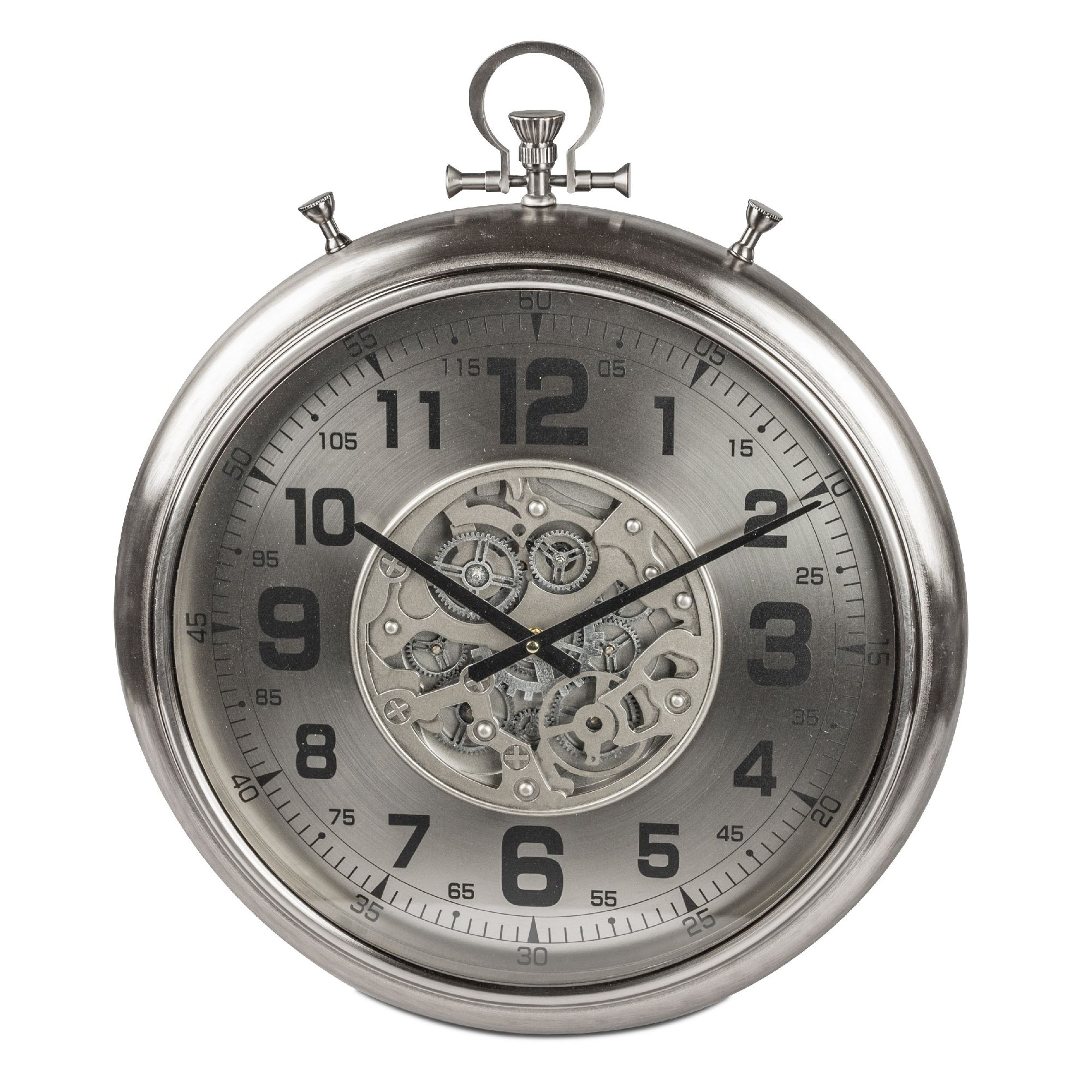 Eine runde, silberne Uhr mit großen Ziffern und sichtbarem Uhrwerk im Inneren. Die Zeiger zeigen auf