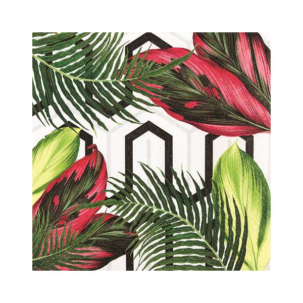 Bunte Blätter in verschiedenen Grüntönen und Rot, angeordnet über einem geometrischen Muster in Schwarz und Weiß.