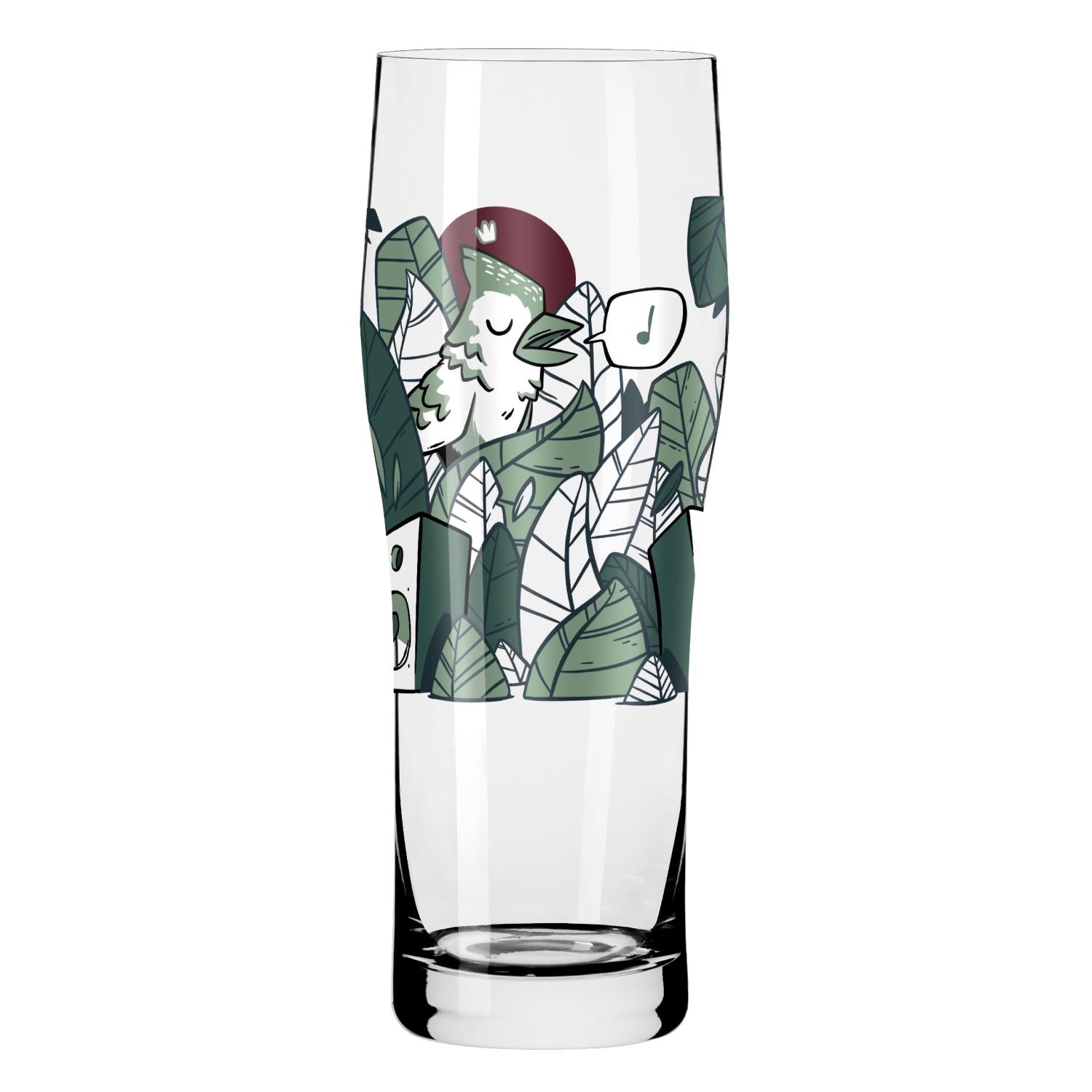 Ein hohes Glas mit bunten Illustrationen von Pflanzen und einem Vogel, der in einem Blatt sitzt.
