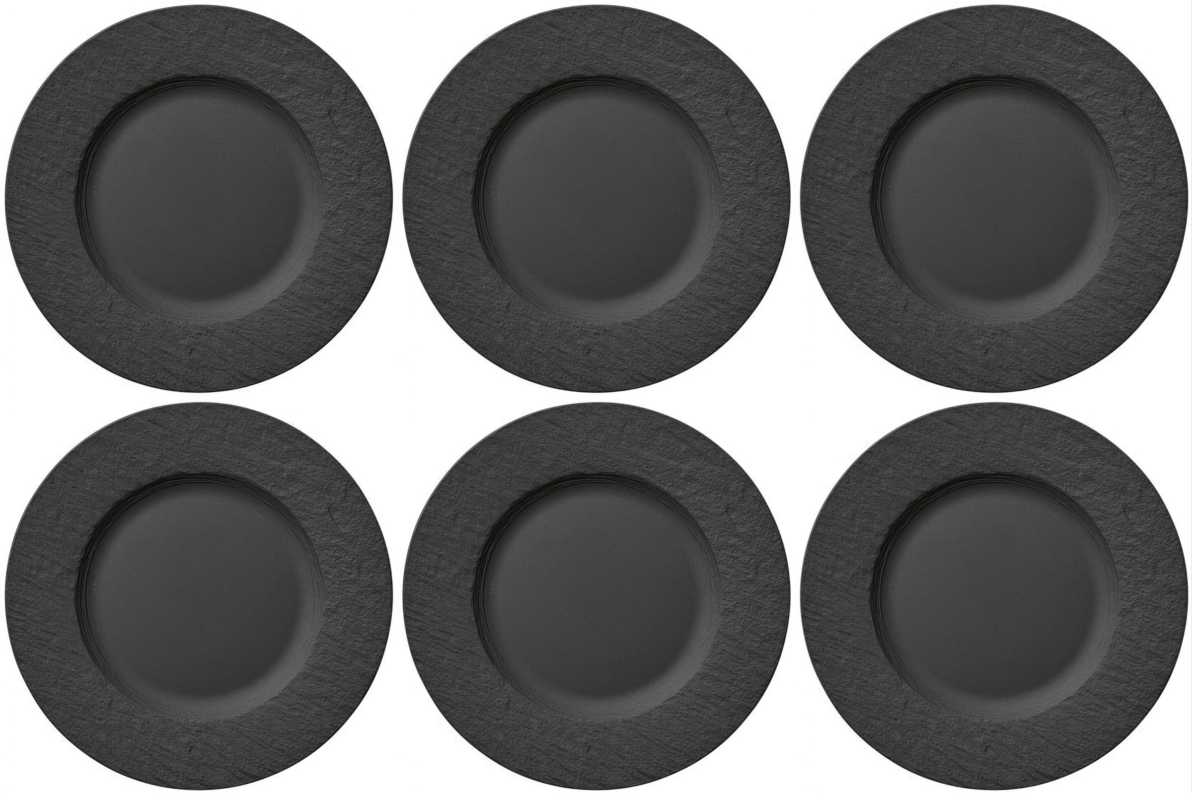 Sechs schwarze Teller mit runder Form und leicht strukturiertem Rand, gleichmäßig angeordnet.