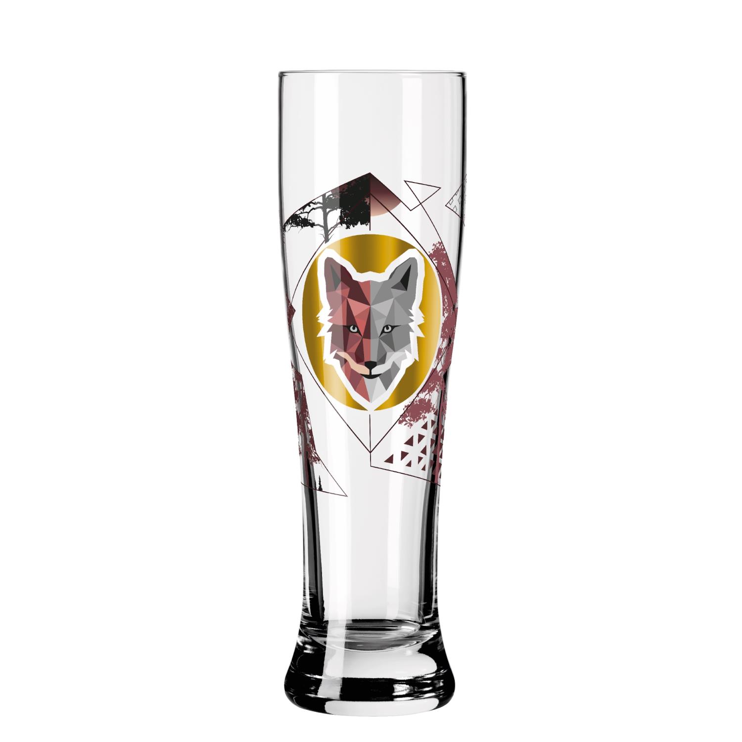 Ein hohes, transparentes Glas mit geometrischem Design und einem stilisierten Wolfsgesicht in der Mitte.