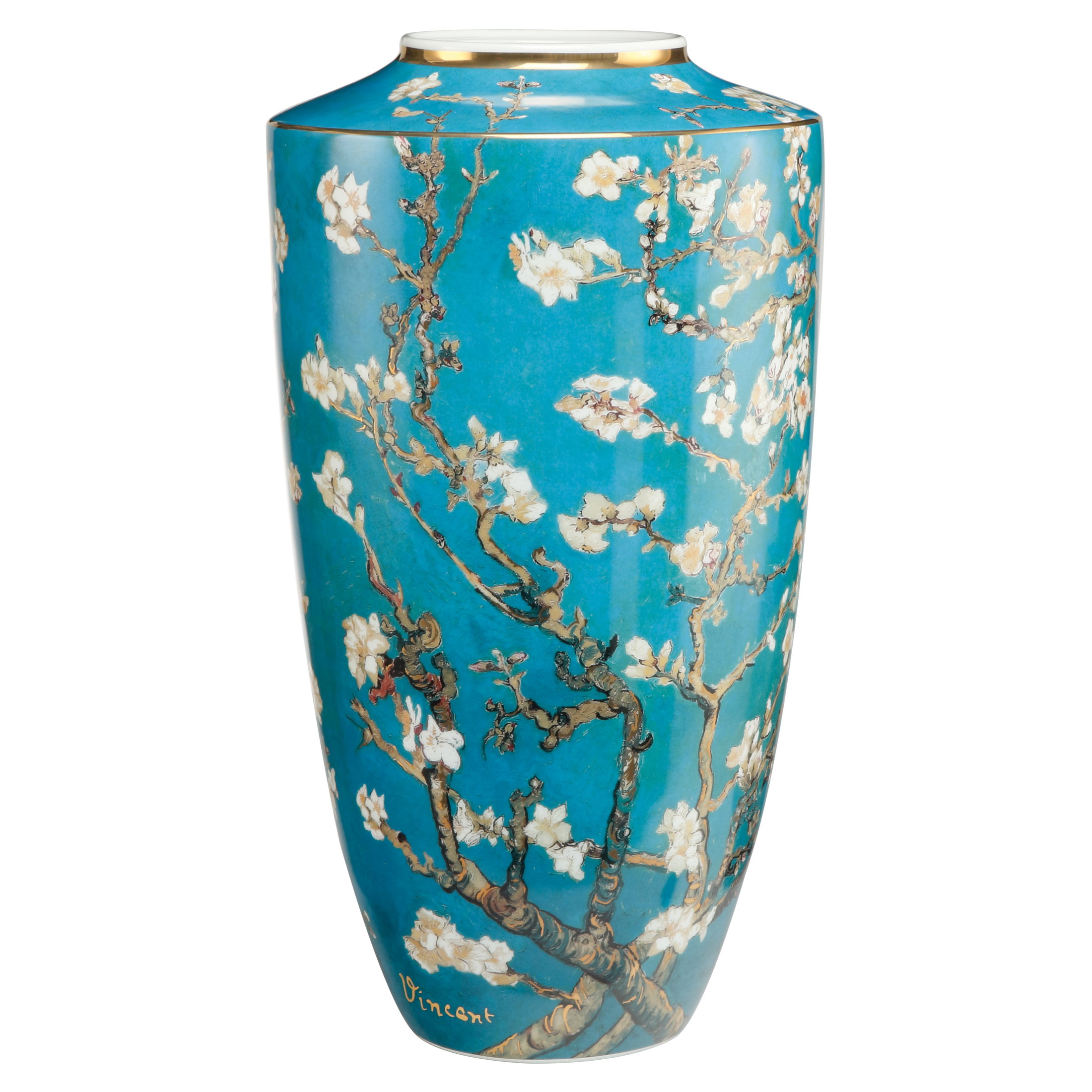 Vase mit blauer Oberfläche, verziert mit blühenden Zweigen und weißen Blüten. Am Fuß steht der Name "Vincent".