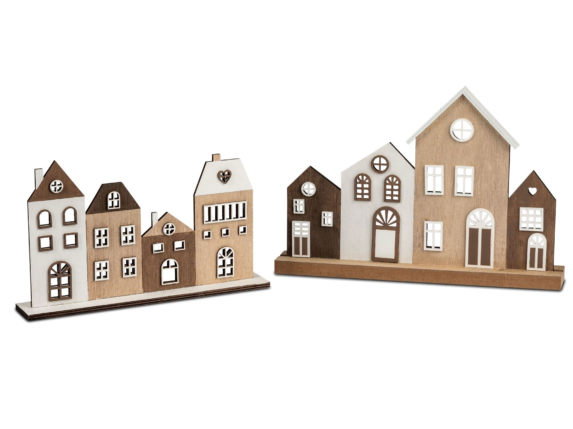 Zwei Gruppen von Holzhaus-Modellen in verschiedenen Farben und Formen, auf einer flachen Basis angeordnet.