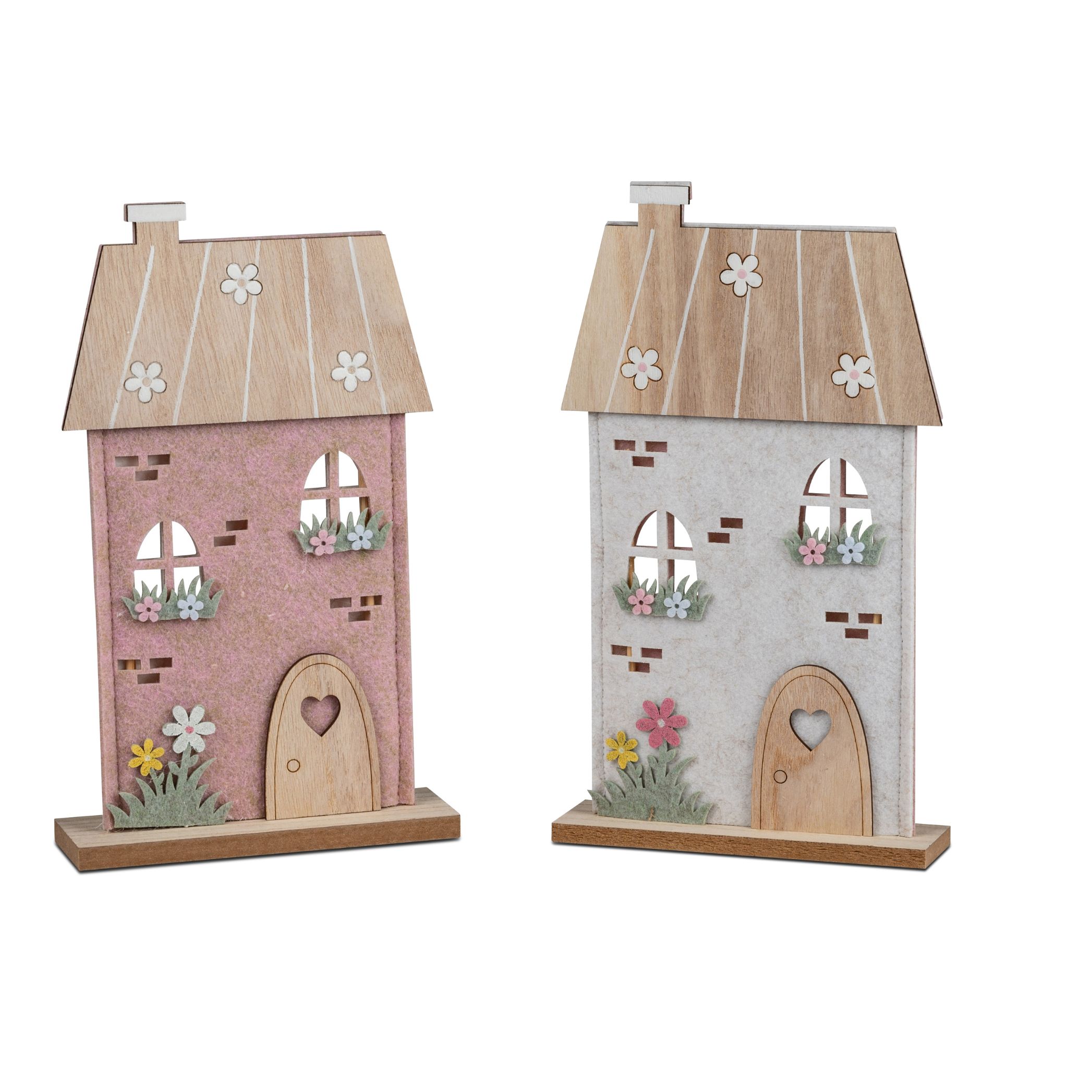 Zwei dekorative Holzhausfiguren mit Blumen, Fenstern und herzförmigen Türen auf Sockeln