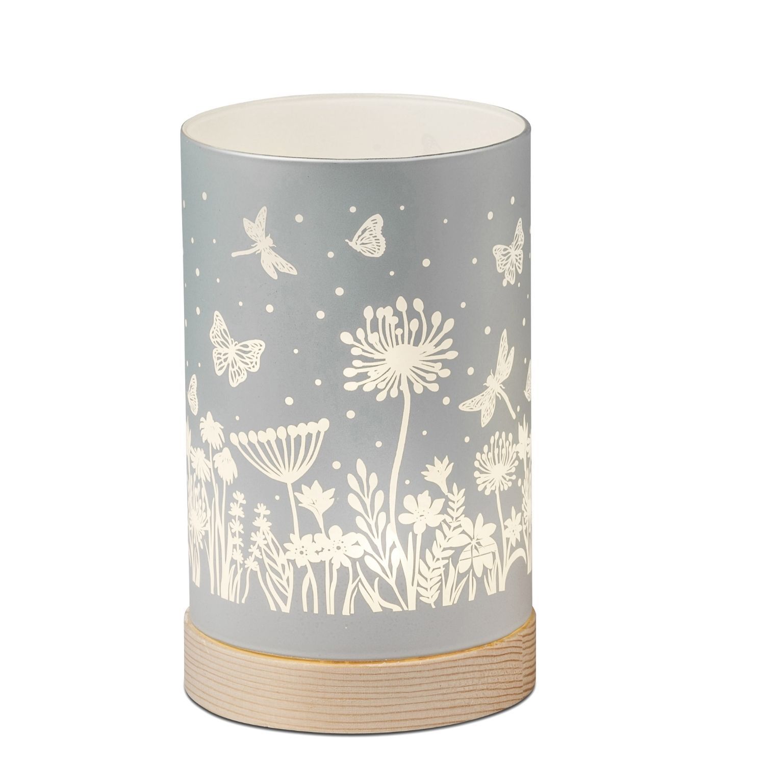 Zylindrische Tischlampe mit floralen und Schmetterlingsmotiven auf hellem Sockel