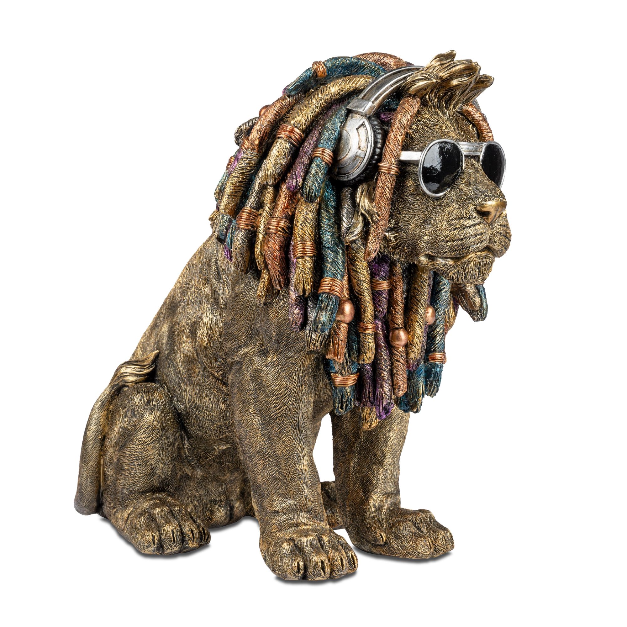 moderne Dekofigur Löwe mit Rastalocken und Sonnenbrille H. 35cm Formano