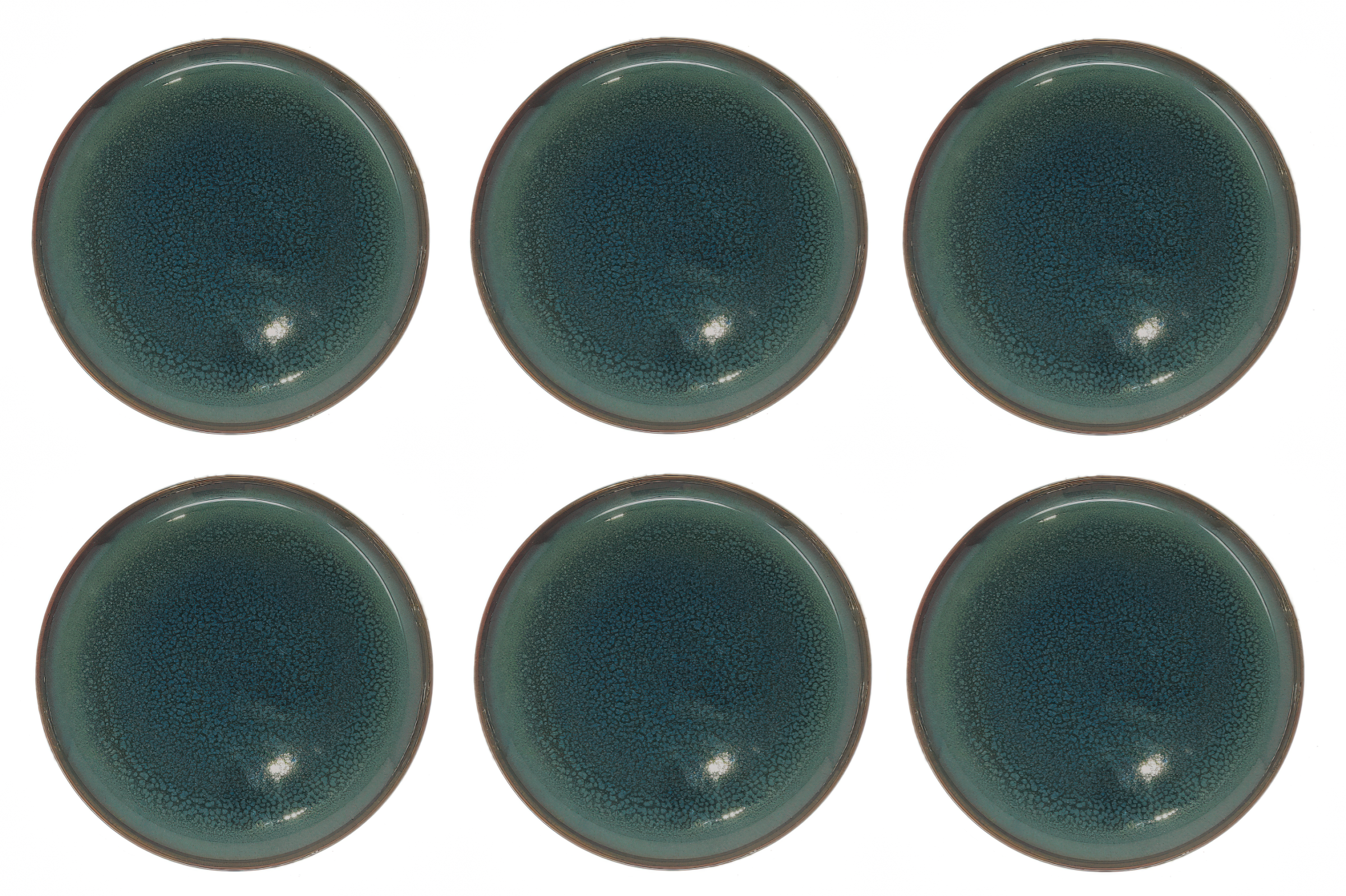 Sechs runde, flache Teller in einem tiefen Blaugrün mit einer glatten Oberfläche, gleichmäßig angeordnet.