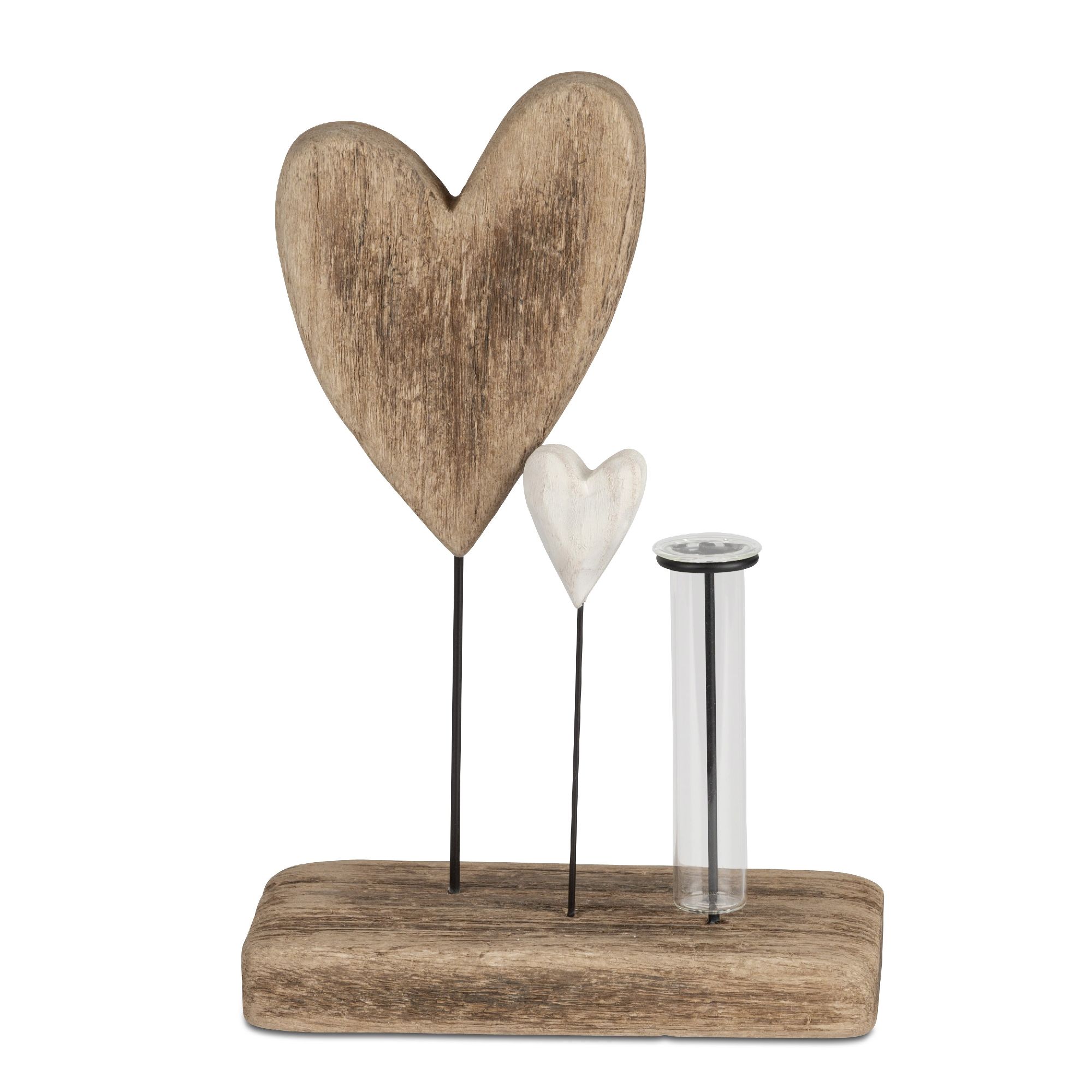 Dekoratives Objekt mit zwei Herzen aus Holz und einem Reagenzglas auf einer Holzplatte. Das größere Herz ist braun, das kleinere weiß.