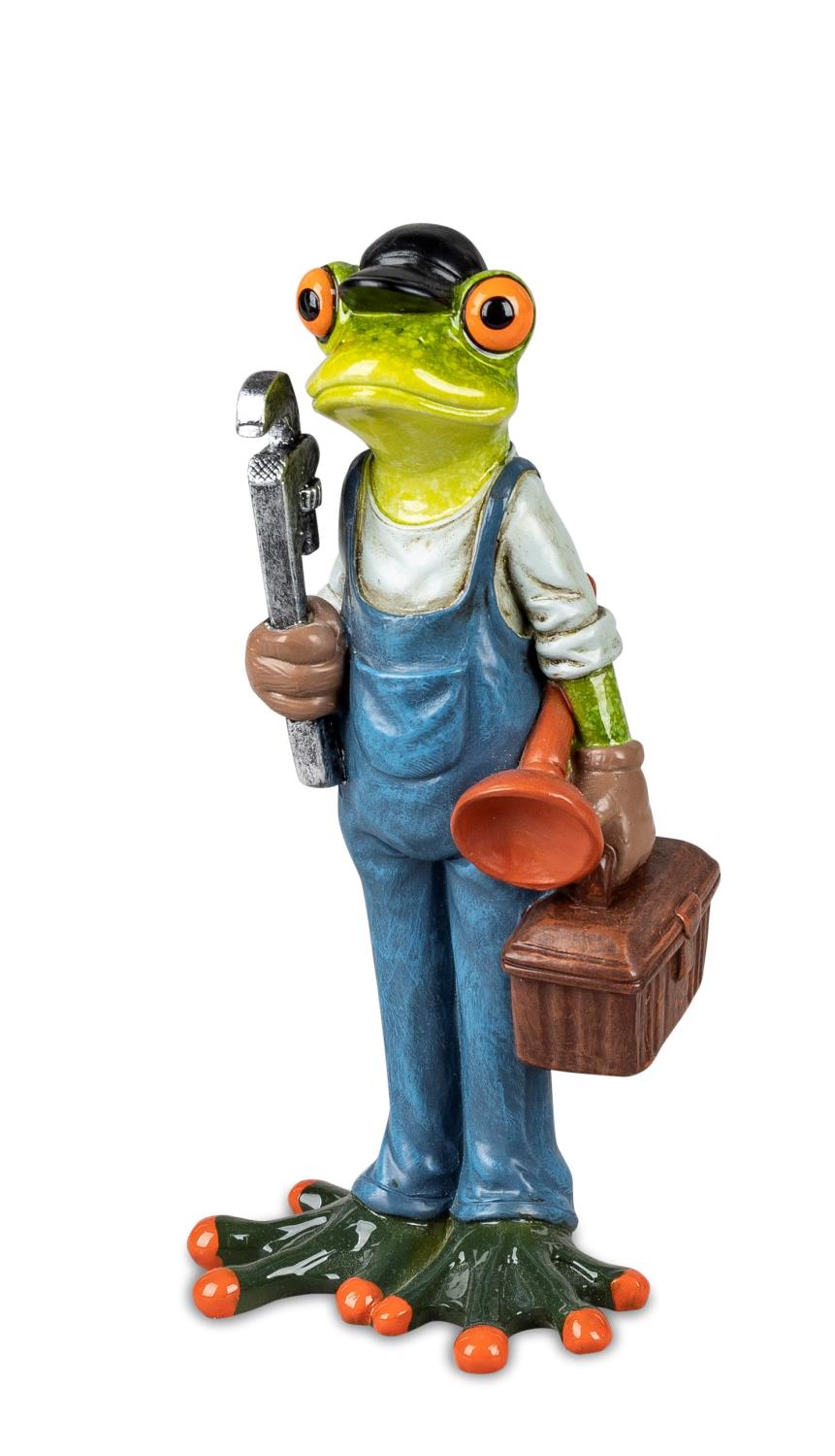 Eine grüne Froschfigur trägt eine blaue Latzhose und hält einen Schraubenschlüssel sowie eine Werkze