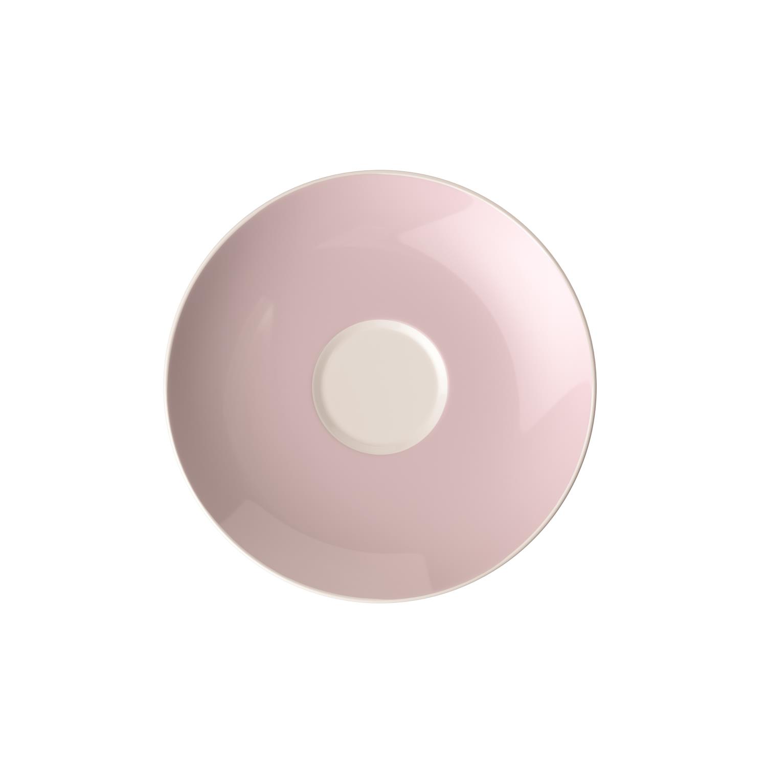 Runde, flache Schale in sanftem Rosa mit einem weißen, leicht erhabenen Mittelpunkt. Der Rand ist dünn und hell.