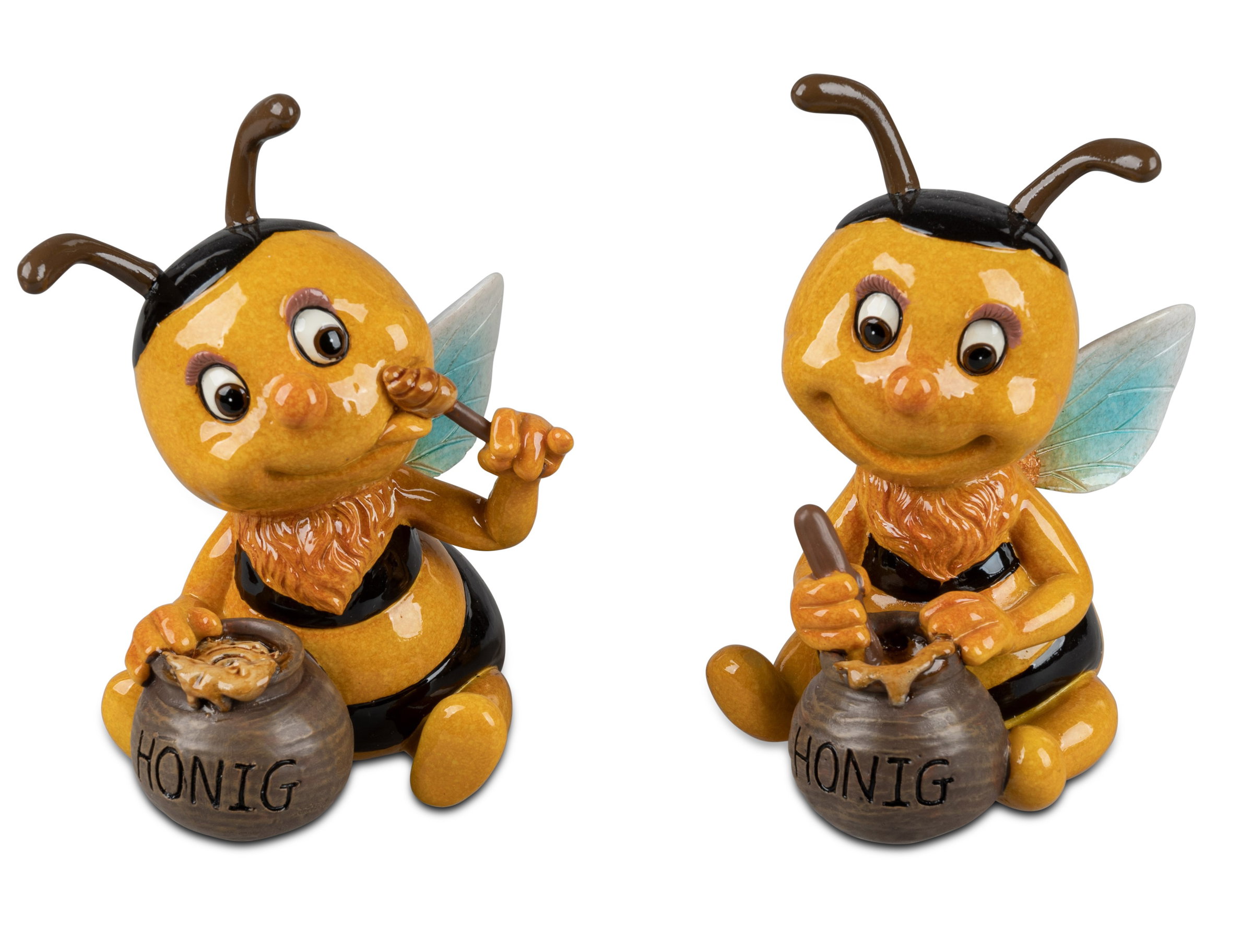 Zwei bunte Bienenfiguren sitzen neben Honigtöpfen und halten einen Löffel. Die Bienen haben große Augen und Flügel.