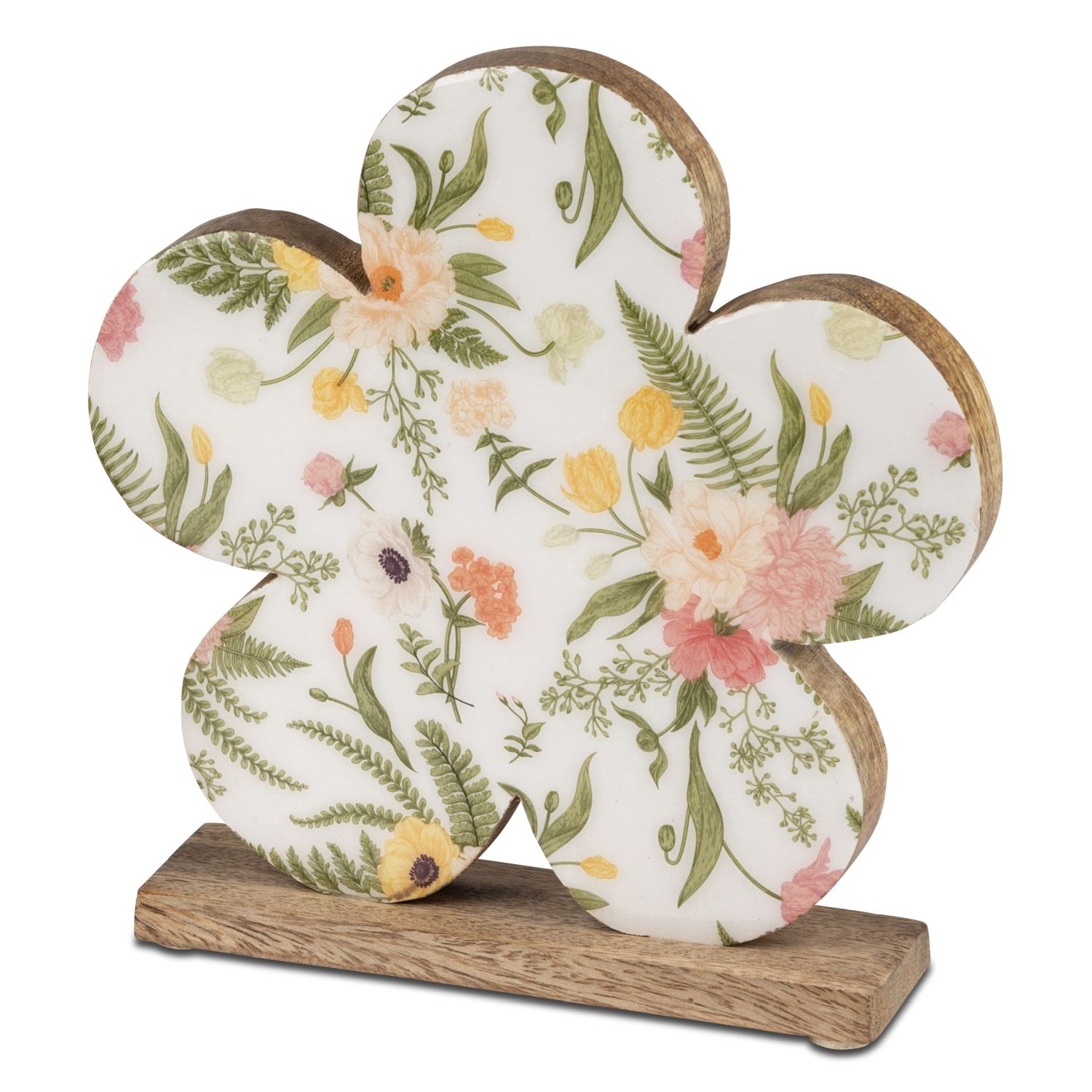Blumenförmige Dekofigur mit floralem Muster auf Holzsockel