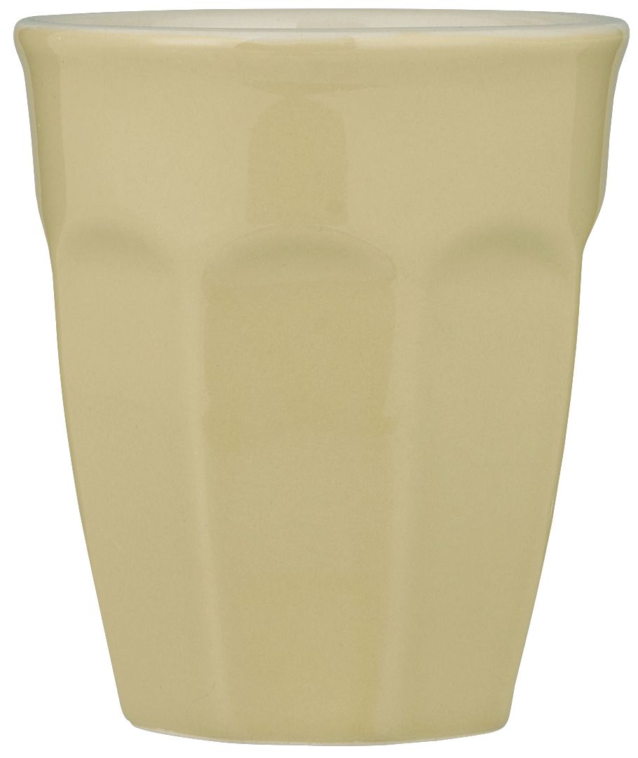 Beige, glasiertem Keramikbecher mit leicht gewölbtem Rand und geraden Seiten.