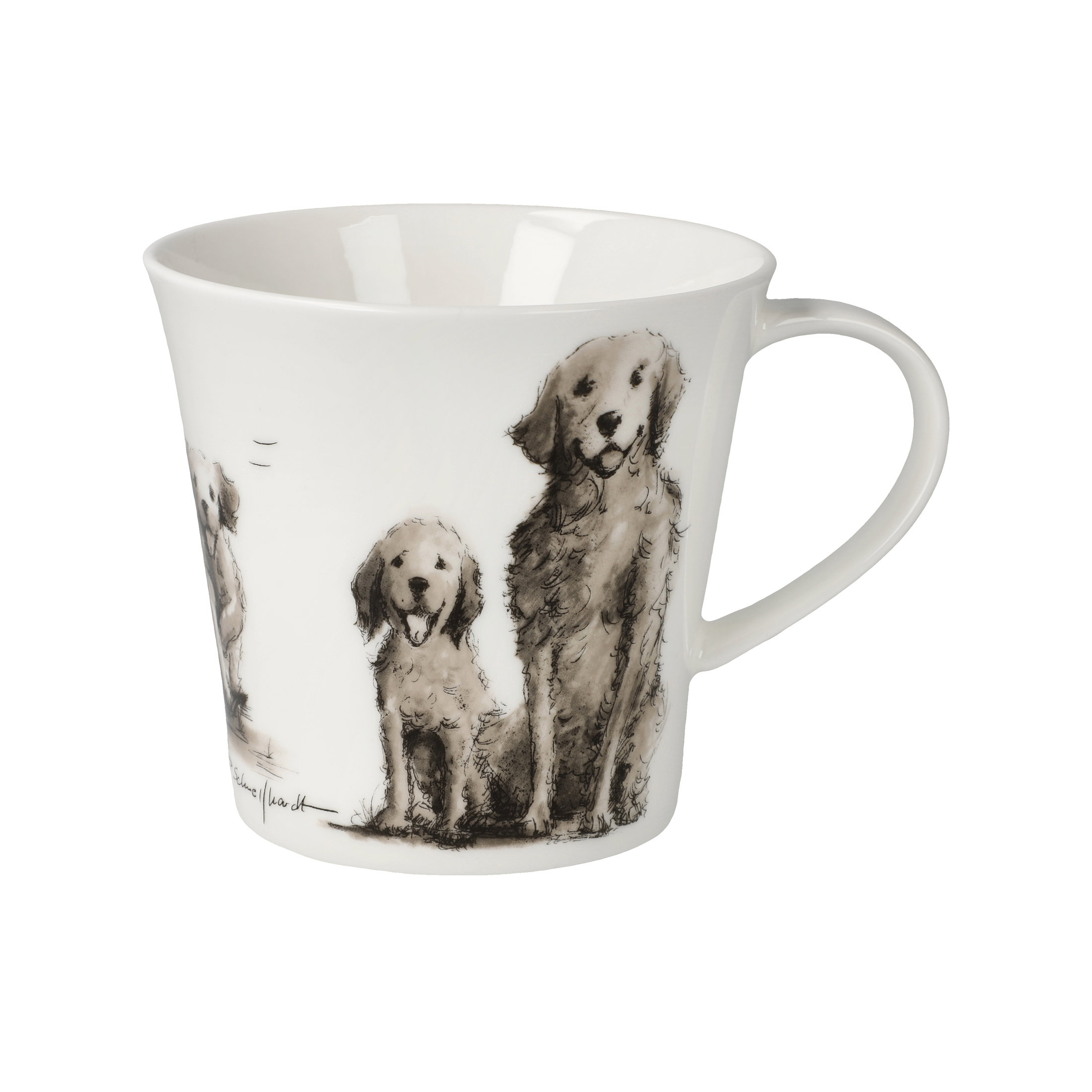 Weißer Becher mit Zeichnungen von drei Hunden in verschiedenen Größen. Der Becher hat einen geschwungenen Rand und einen Henkel.