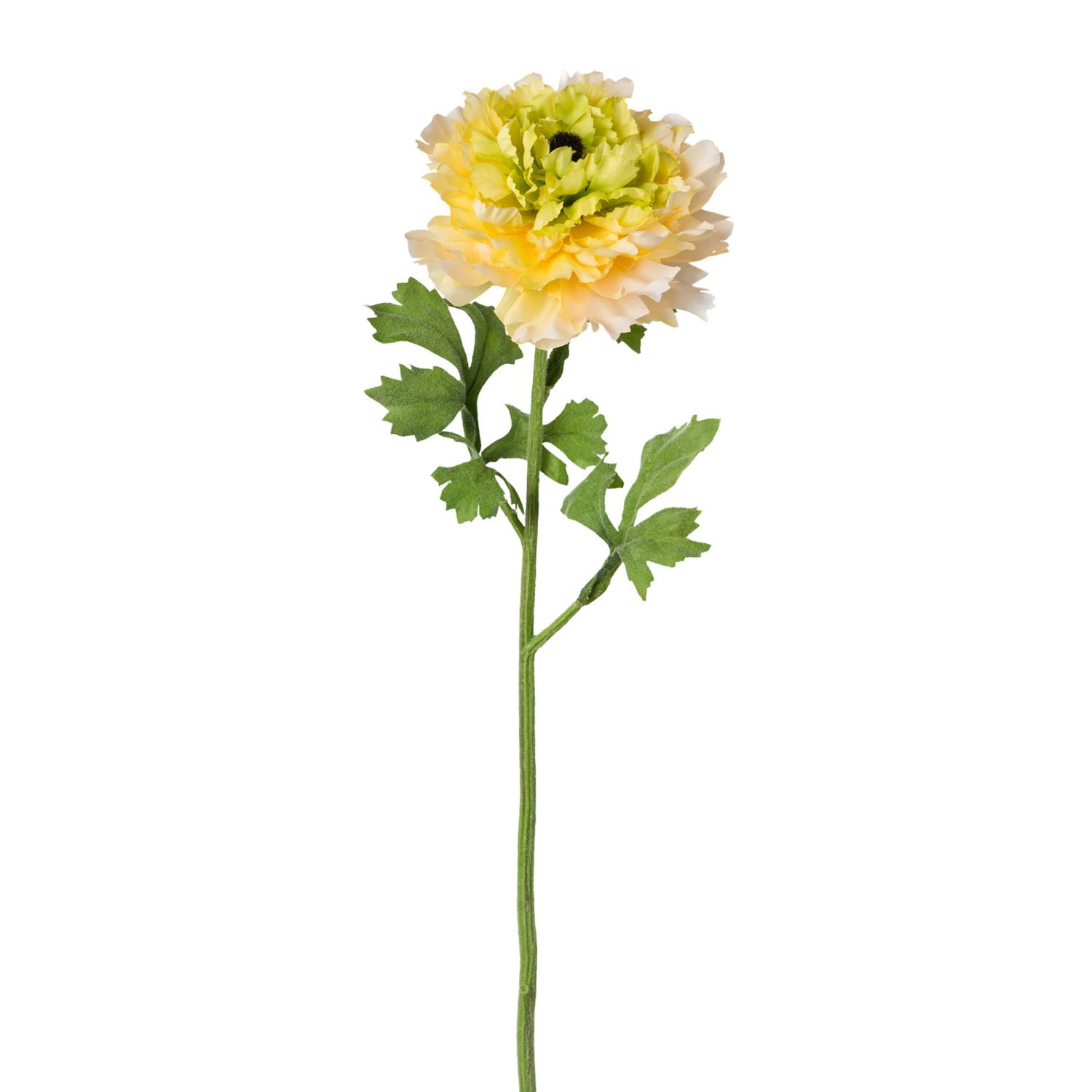 Eine künstliche Blume mit gelben und grünen Blütenblättern sowie grünen Blättern an einem langen Sti