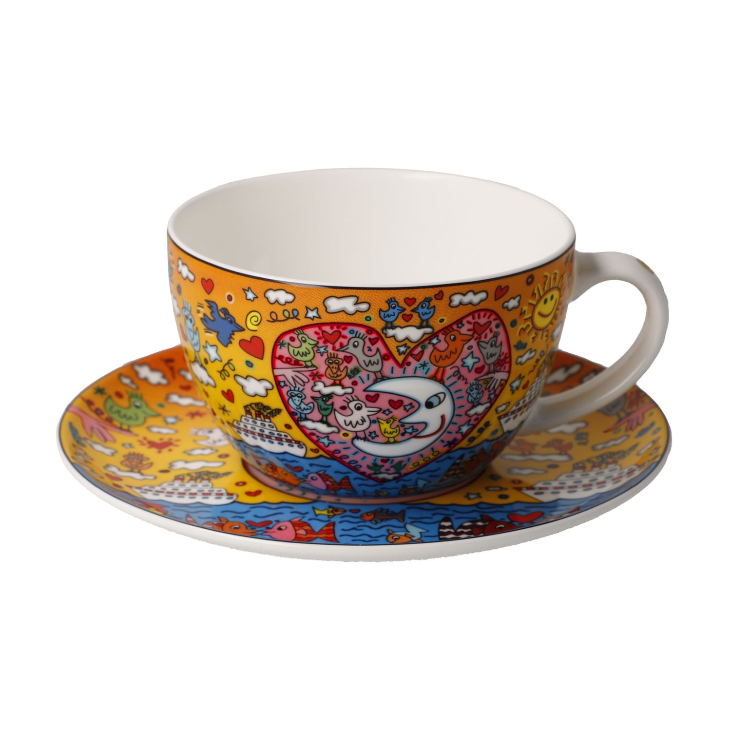 Bunte Teetasse mit Unterteller, bedeckt von verspielten Herz- und Comicmotiven auf Orange
