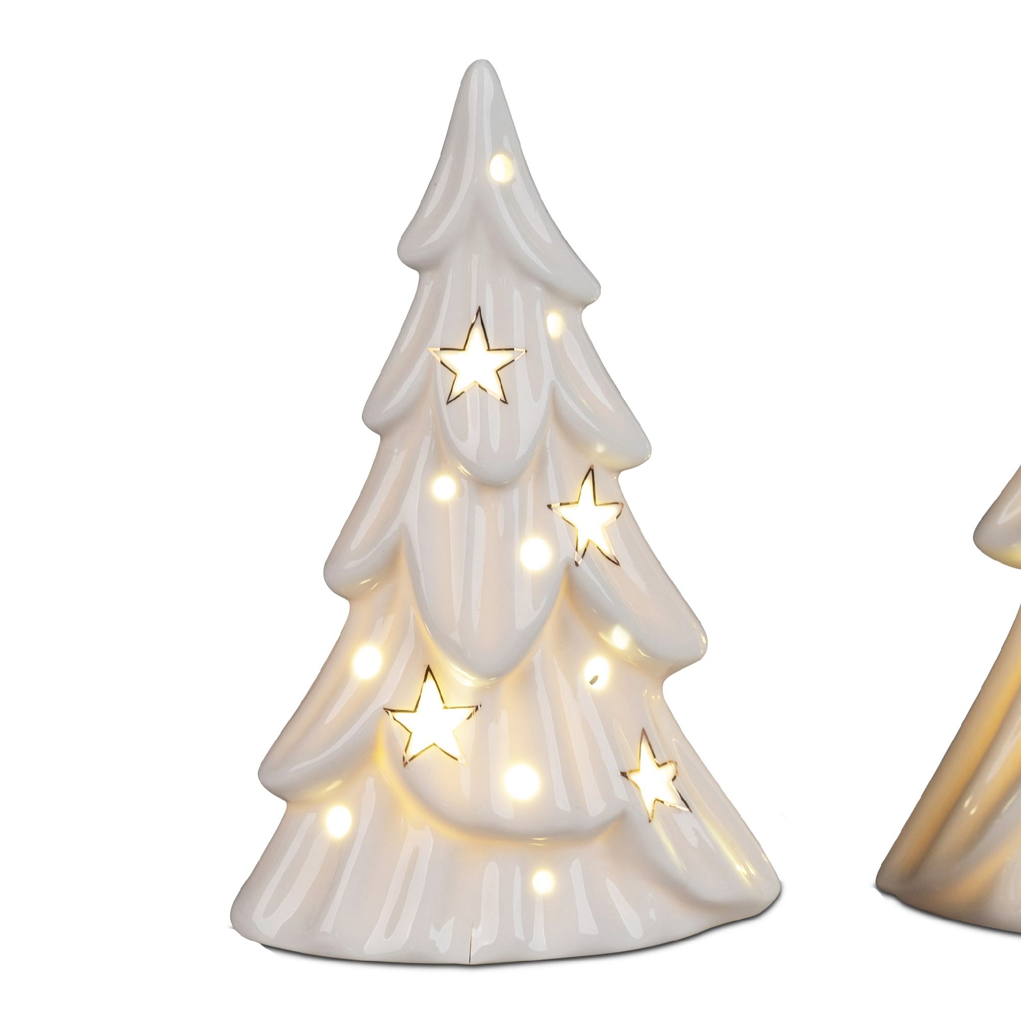 Weißer Weihnachtsbaum aus Keramik mit leuchtenden Sternen und einer glatten Oberfläche.