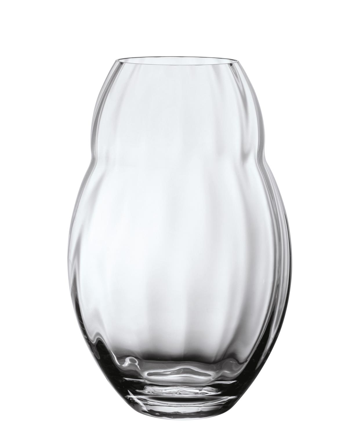 Transparente Glasvase mit geschwungener Form und breiter Öffnung, auf einem stabilen Fuß.