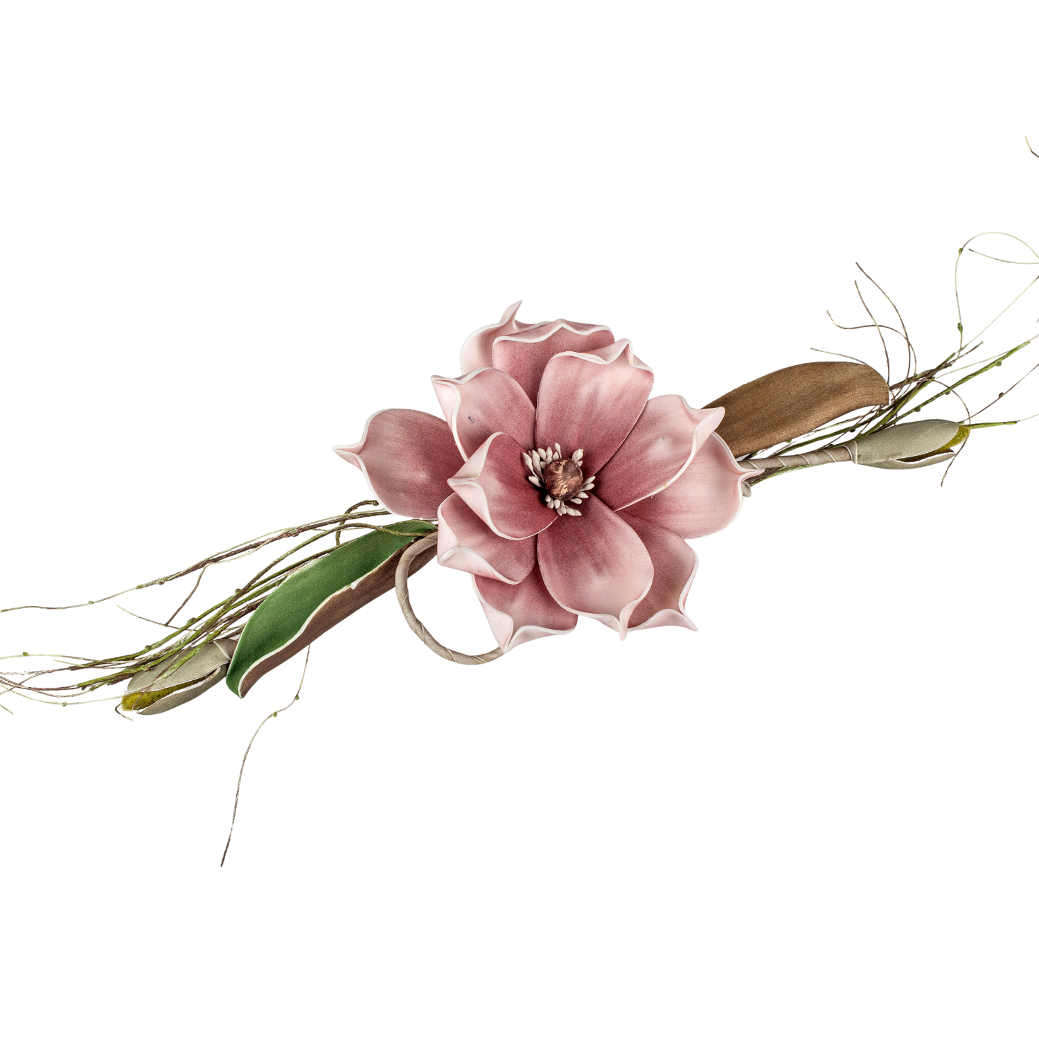 rosafarbene Magnolie mit Blättern auf weißem Hintergrund