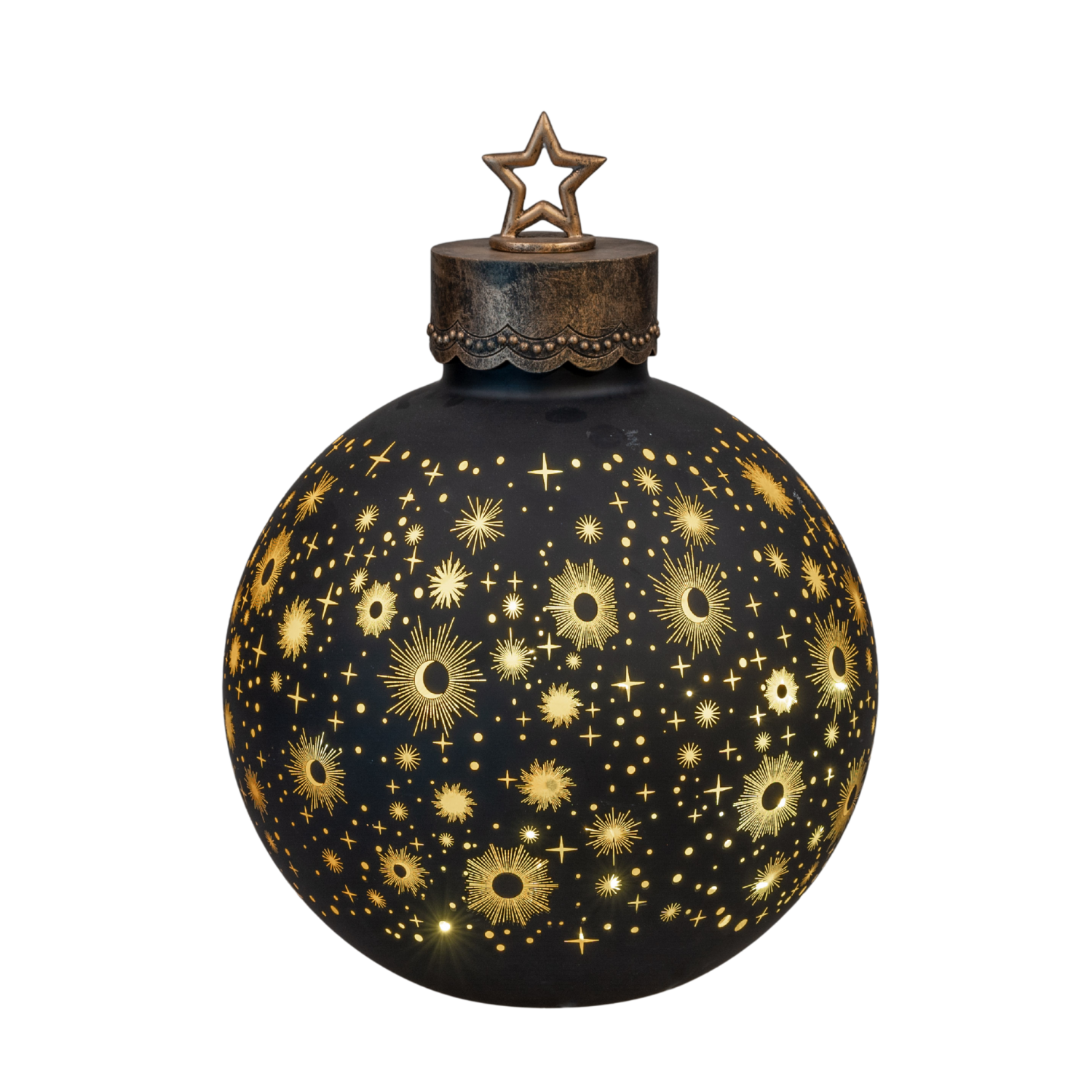 schwarze Dekokugel mit goldenen Sternen und aufgesetztem Stern auf weißem Hintergrund