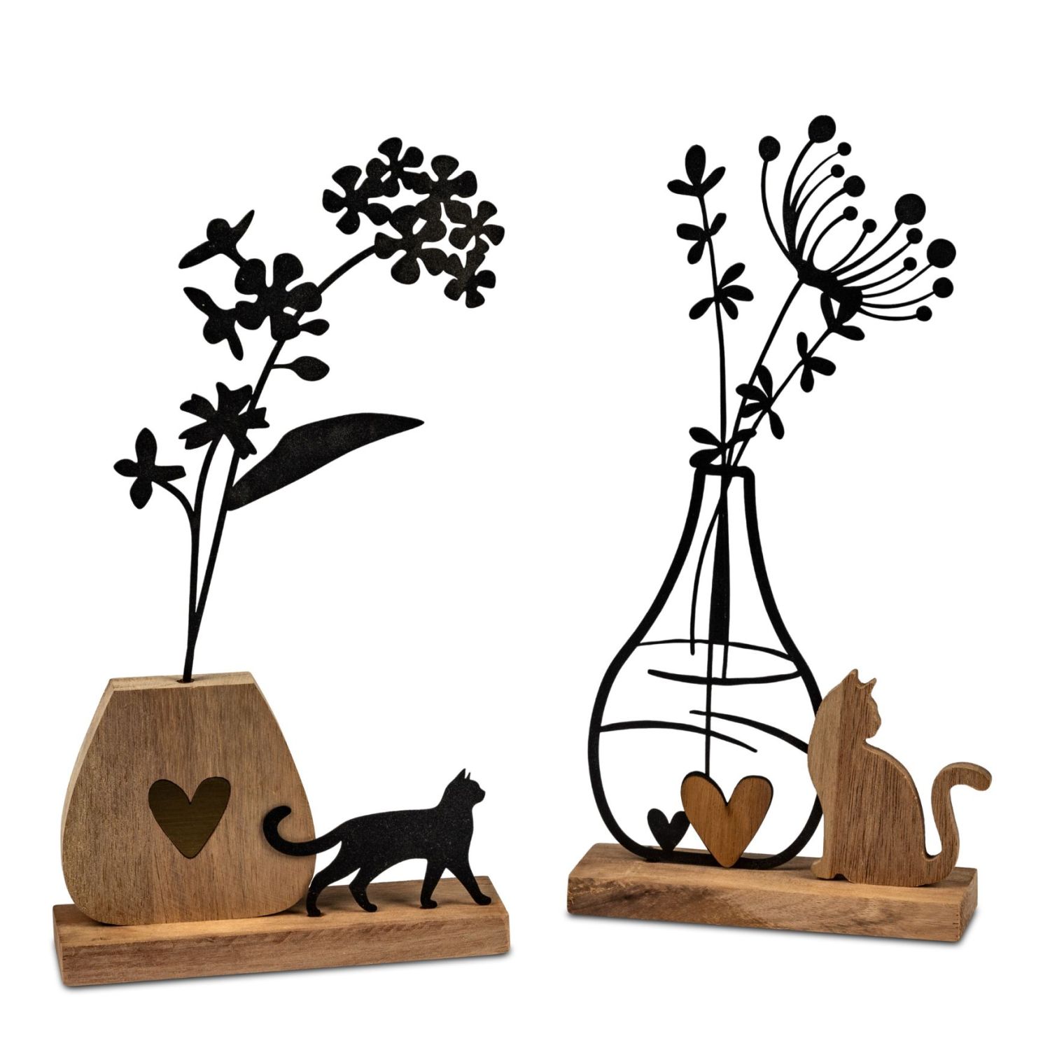 Zwei Dekofiguren aus Holz und Metall: Blumen in Vasenformen mit Katzen- und Herzmotiven auf Sockeln