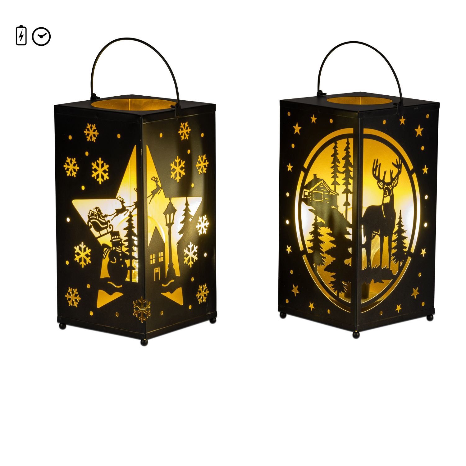 2er Set LED Laternen Weihnachten schwarz H. 26cm aus Metall mit Timer Formano