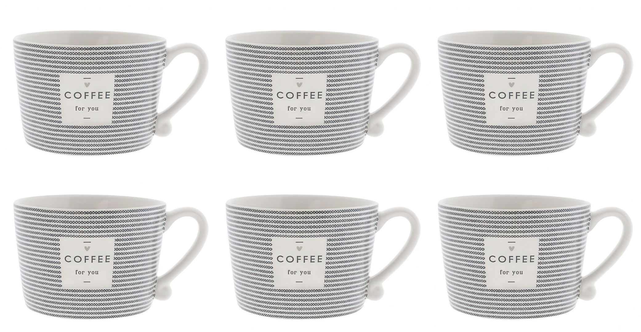 Sechs Kaffeetassen mit gestreiftem Muster und einem Etikett mit der Aufschrift „COFFEE for you“.