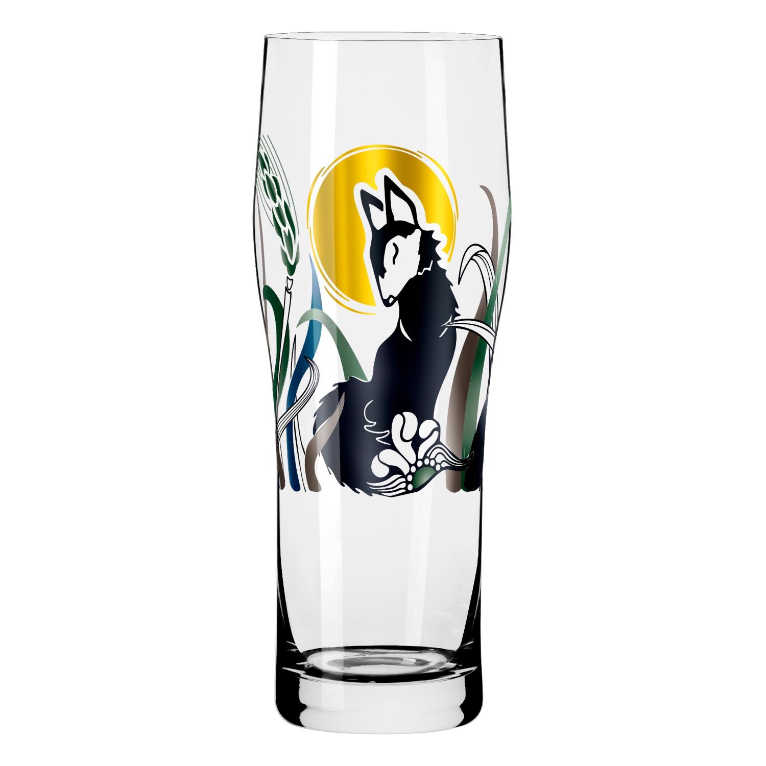 Ein hohes, transparentes Glas mit einer bunten Illustration eines Hundes vor einer gelben Sonne und Pflanzenmotiven.