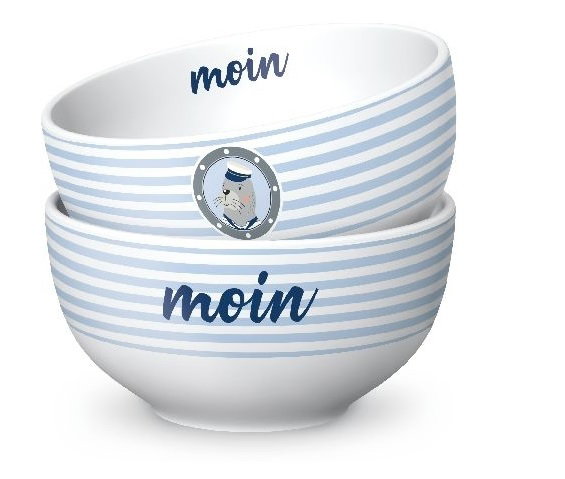 Zwei Schalen übereinander, gestreift in Blau und Weiß, mit dem Schriftzug "moin" und einem maritimen Motiv.