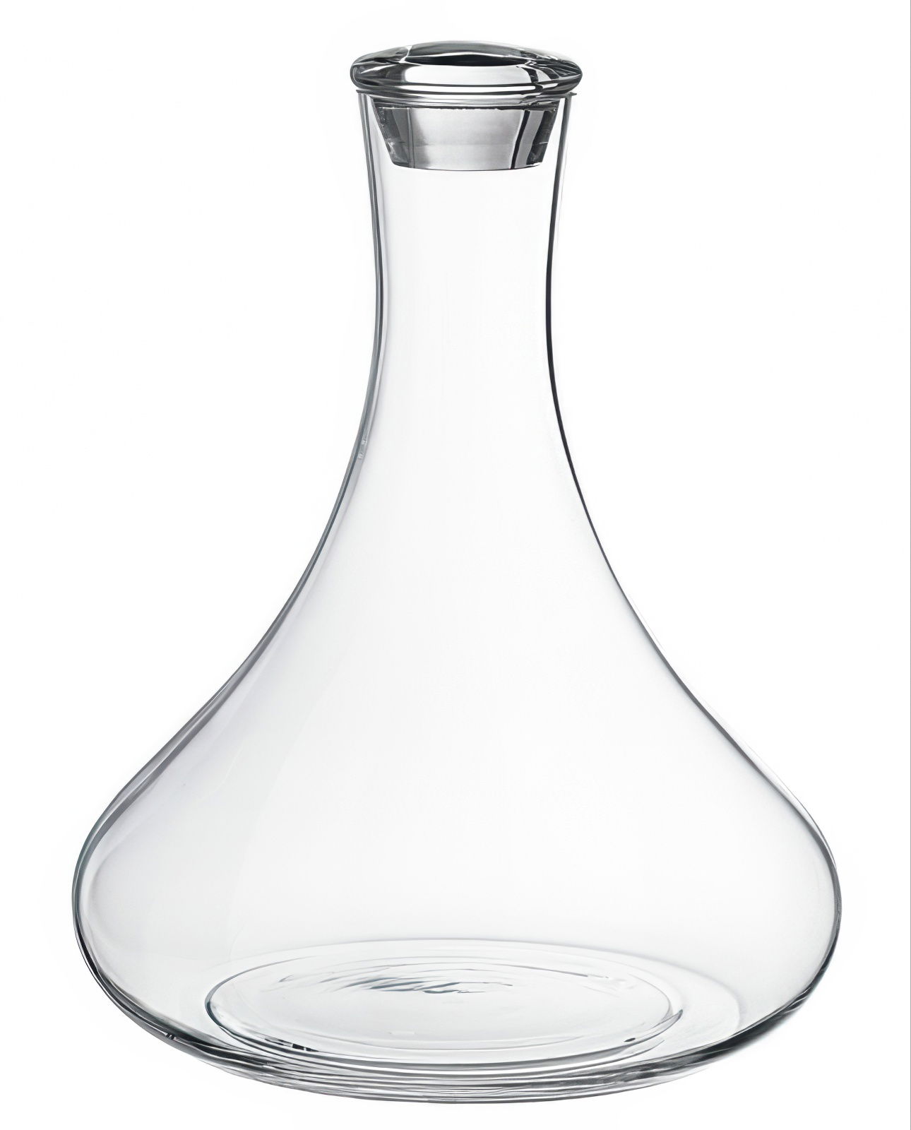 Eine klare, gläserne Karaffe mit einer breiten, bauchigen Form und einem schmalen Hals. Der Boden ist flach und stabil.