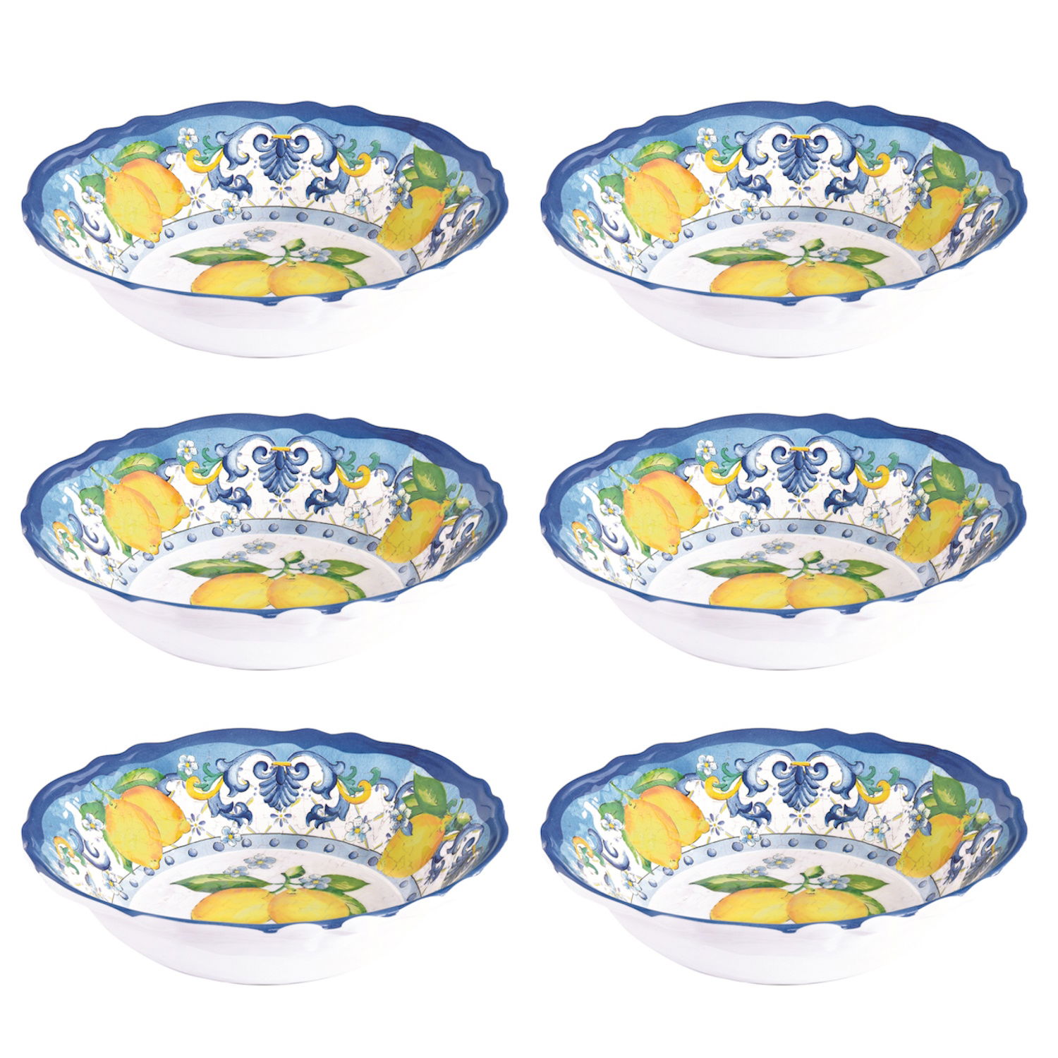 6er Set Suppenteller SORRENTO Zitronen,Durchmesser 19cm weiß blau gelb Melamin von EASY LIFE