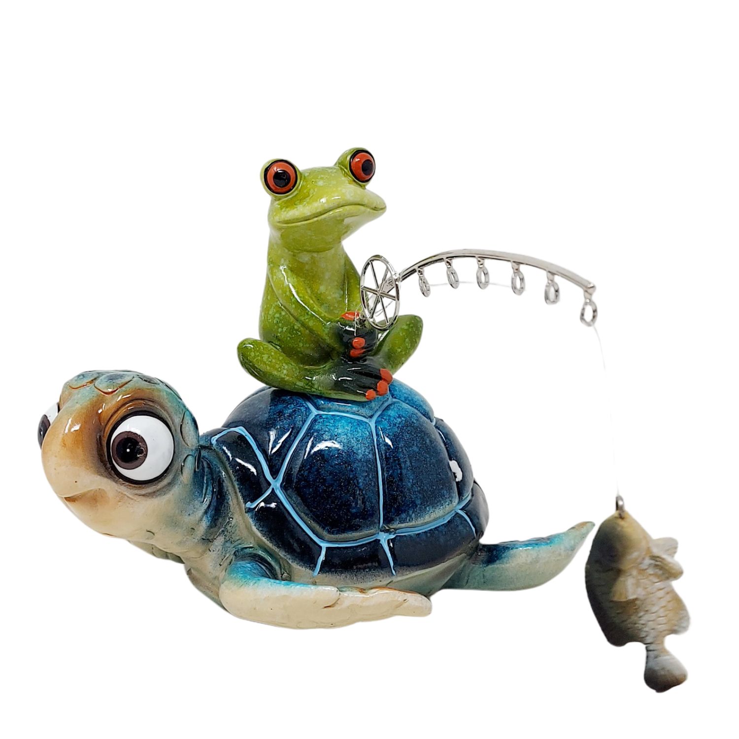 Grüner Frosch mit Angel und Fisch sitzt auf einer blauen Schildkröte