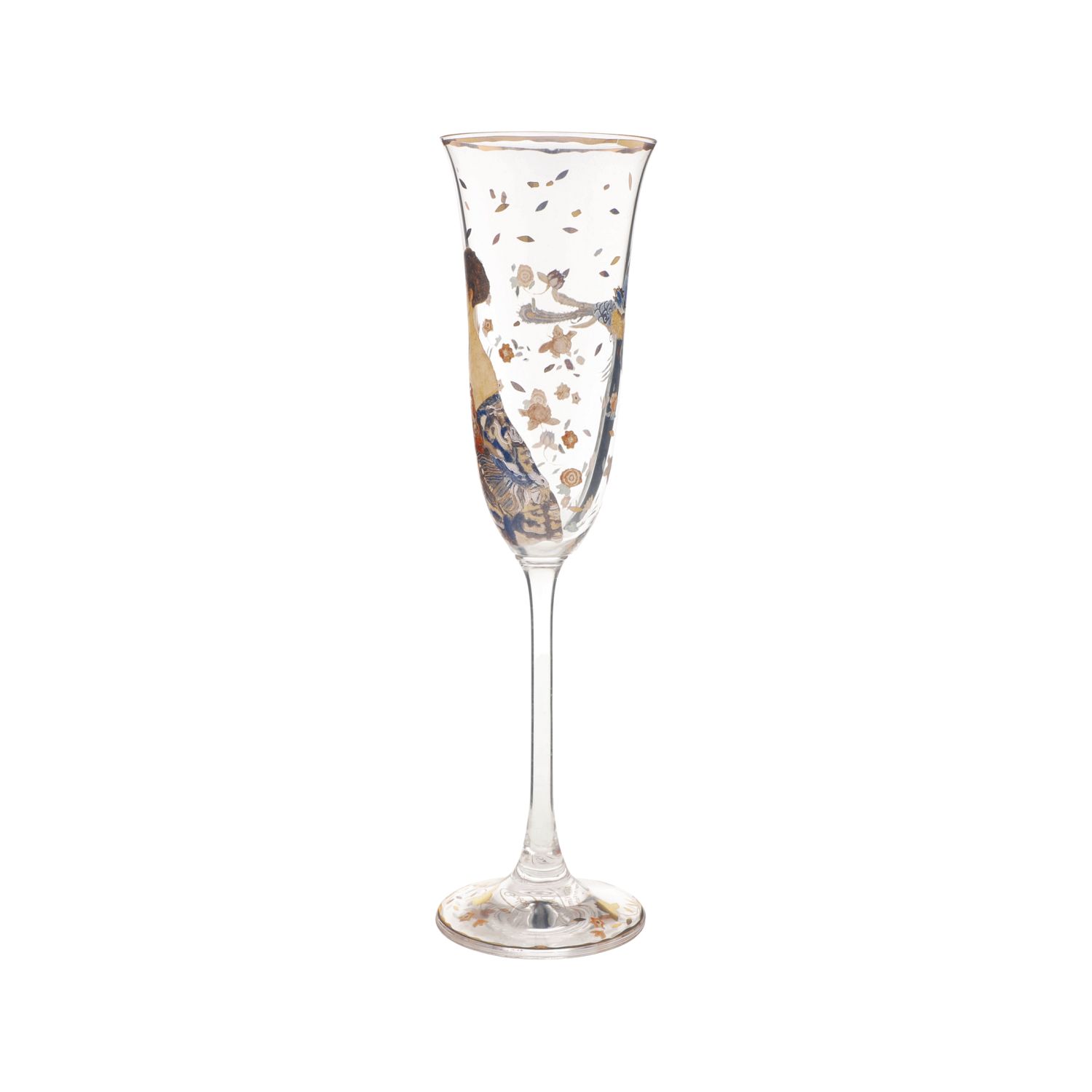 Sektglas mit goldenem und blauem Muster sowie kleinen goldenen Punkten auf weißem Hintergrund
