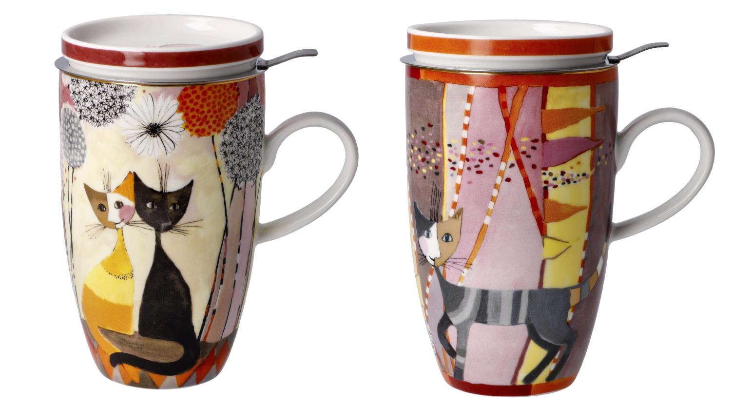 Zwei Tassen mit bunten Katzenmotiven, eine mit sitzenden Katzen, die andere mit einer laufenden Katze, umgeben von stilisierten Pflanzen.