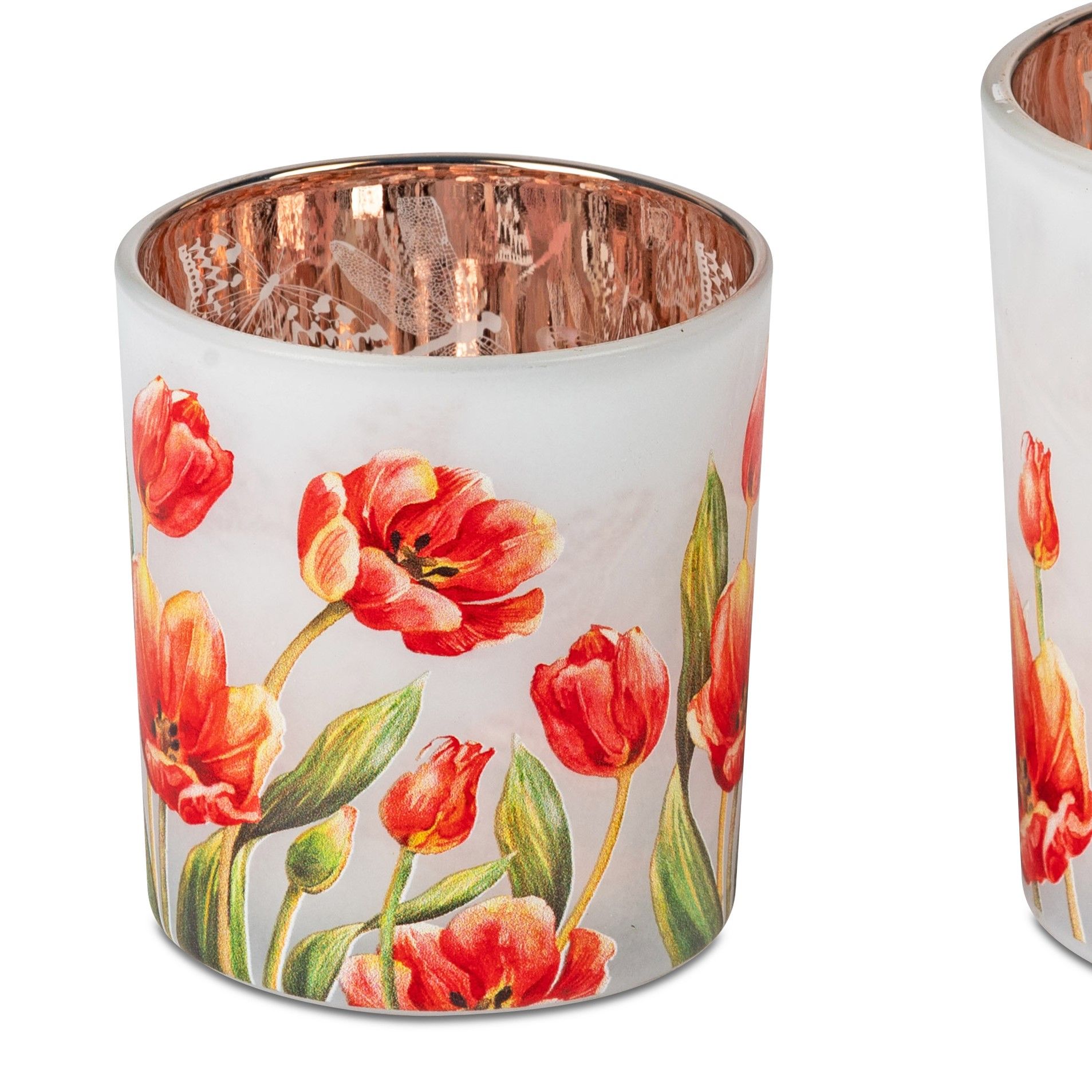 Ein Glas mit floralen Motiven in Rot und Grün, innen kupferfarben, zeigt Tulpen und Blätter auf eine