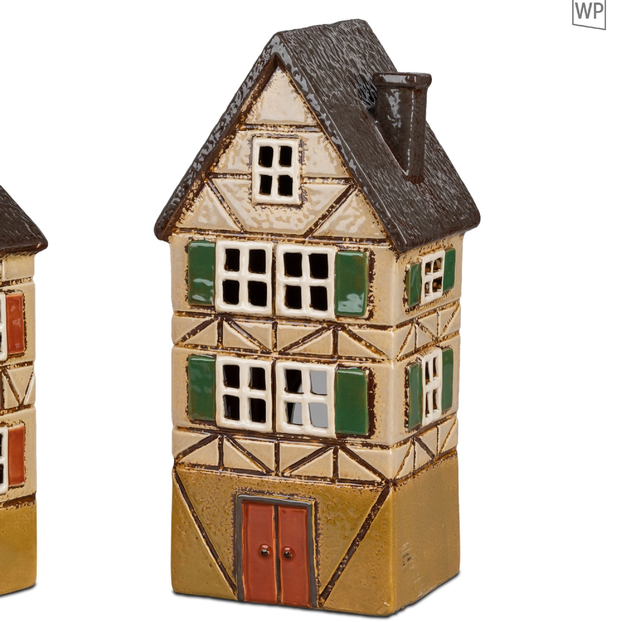 2er Set Teelichthalter Häuser H. 26cm creme braun aus Steinzeug Formano