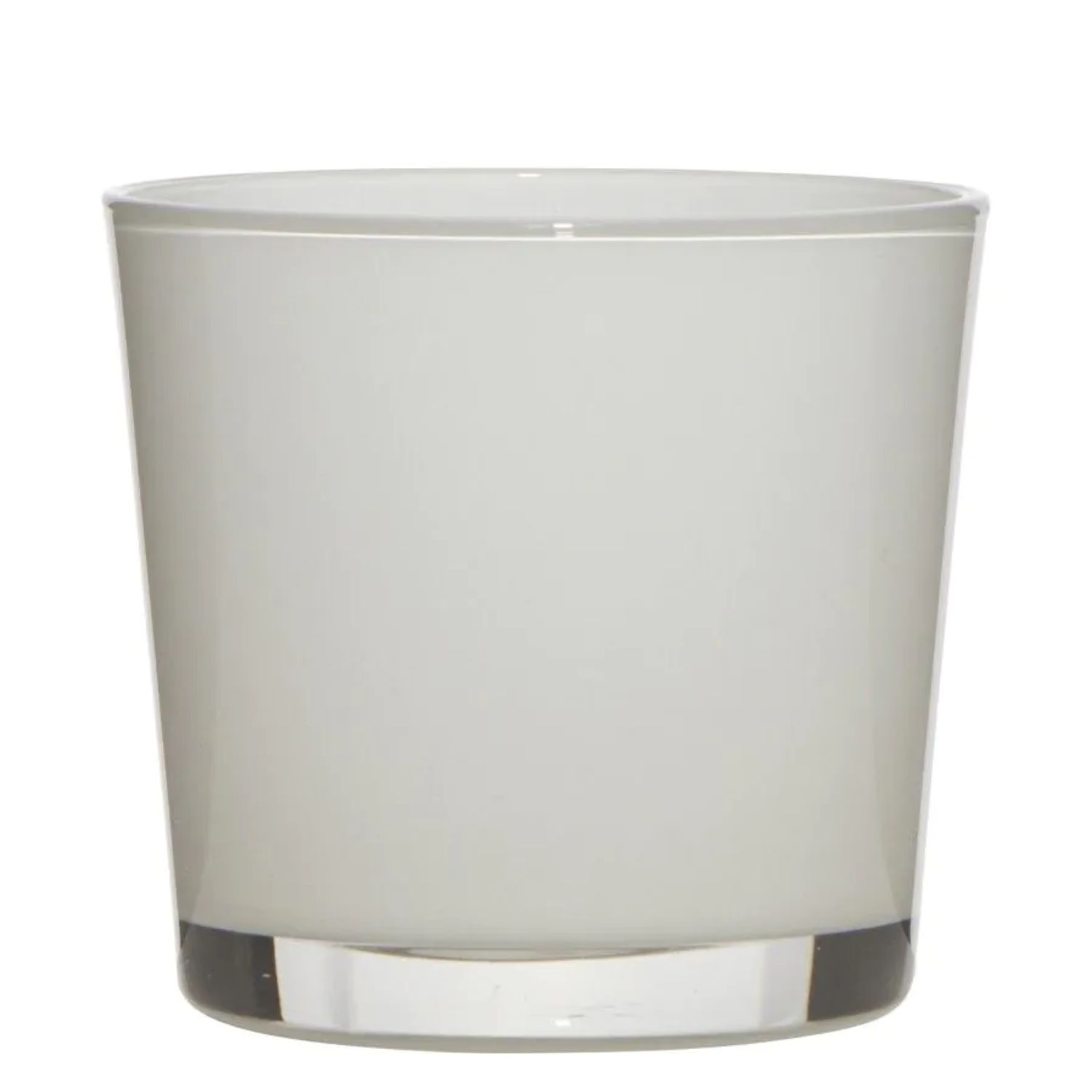 Ein transparenter, grauer Glasbehälter mit einem klaren Boden. Der obere Rand ist leicht abgerundet.