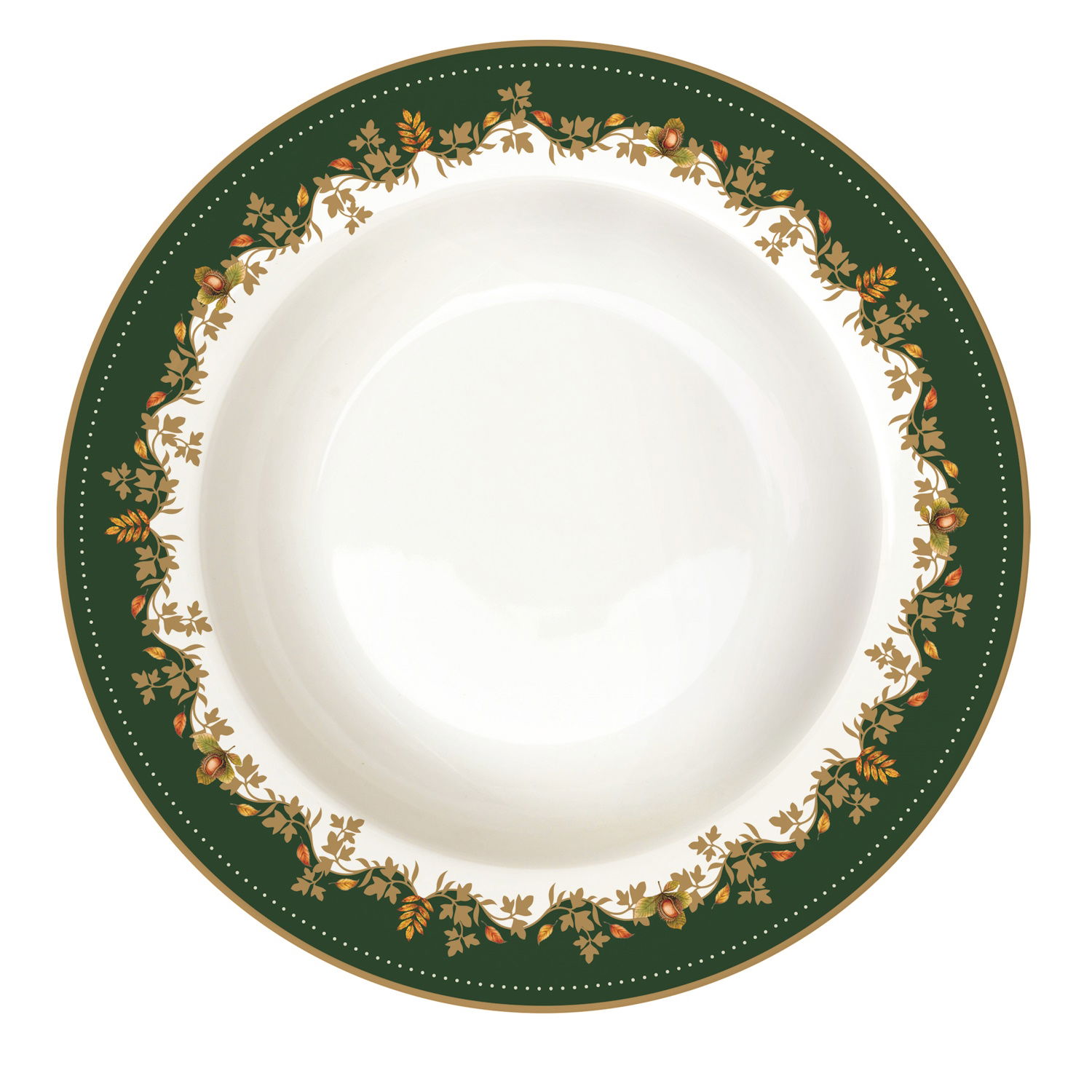 Teller mit grünem Rand und floralem Muster in Gold und Weiß