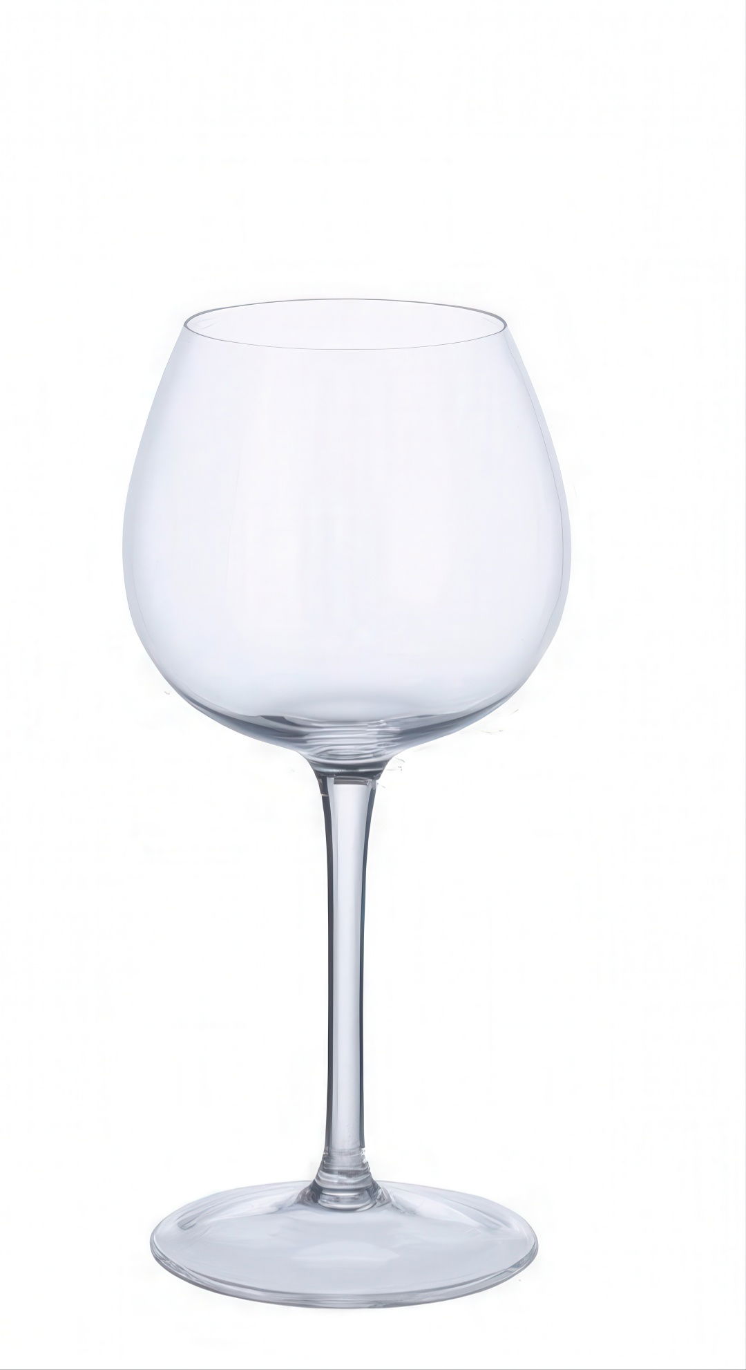 Ein transparentes Weinglas mit breitem Bauch und schmalem Stiel auf einem runden Fuß.