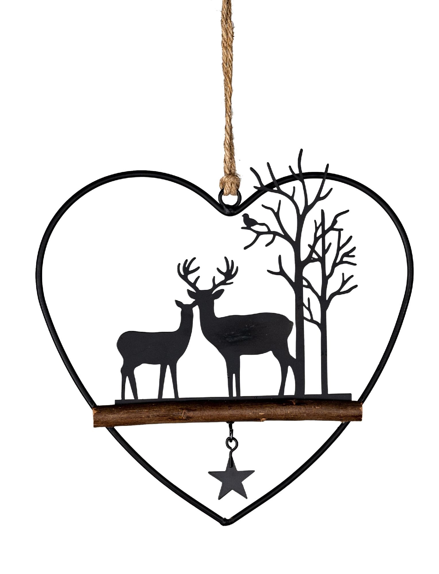 Hängedeko in Herzform aus schwarzem Metall mit zwei Rehen, einem Baum und einem kleinen Stern