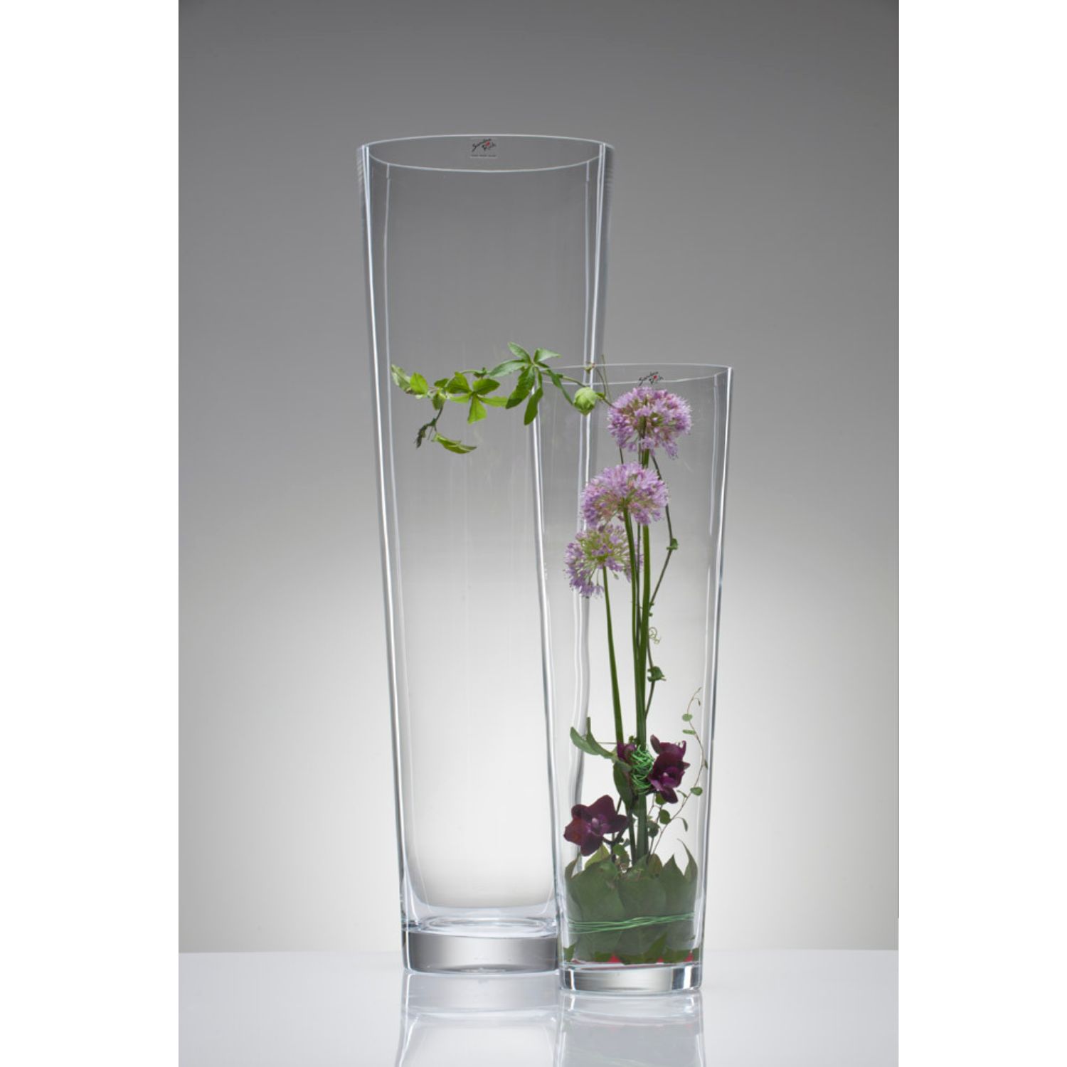 Zwei transparente Vasen, eine hoch und schmal, die andere kürzer, gefüllt mit bunten Blumen und grünen Blättern.