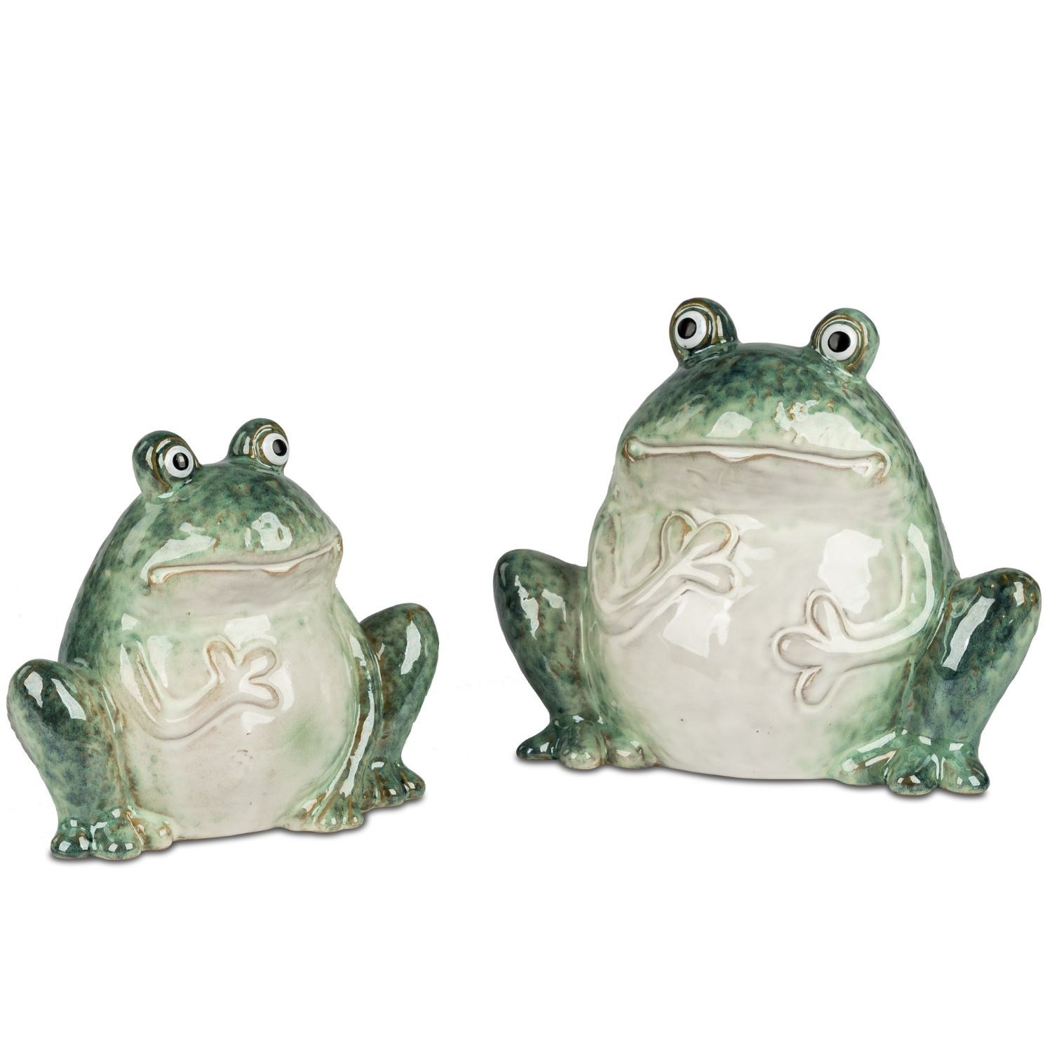 Zwei grün‑weiße Froschfiguren aus Keramik auf weißem Hintergrund, eine kleiner, eine größer