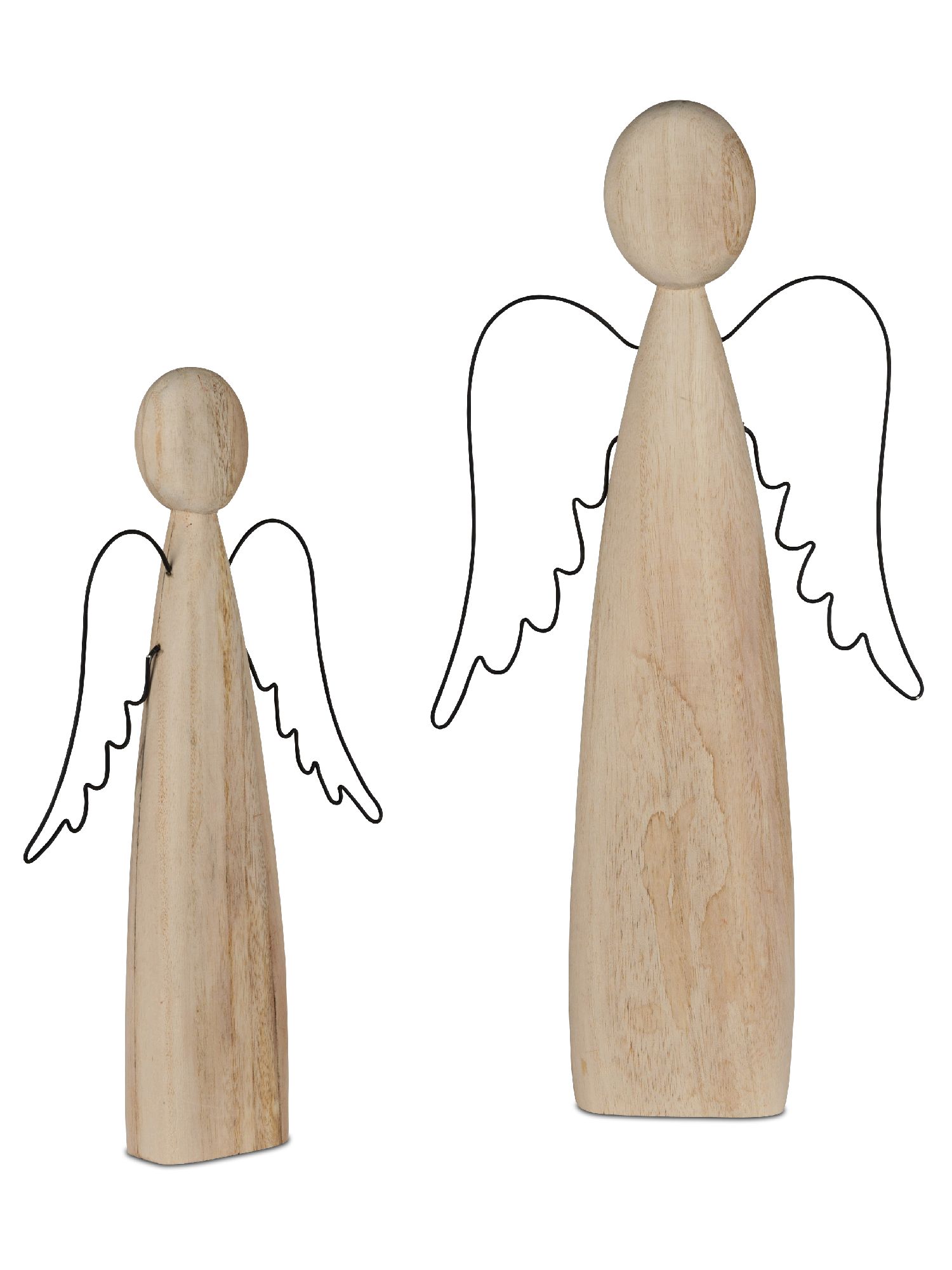Zwei Holzfiguren in Engel-Form, eine klein und eine groß, mit Drahtflügeln, auf hellem Hintergrund.